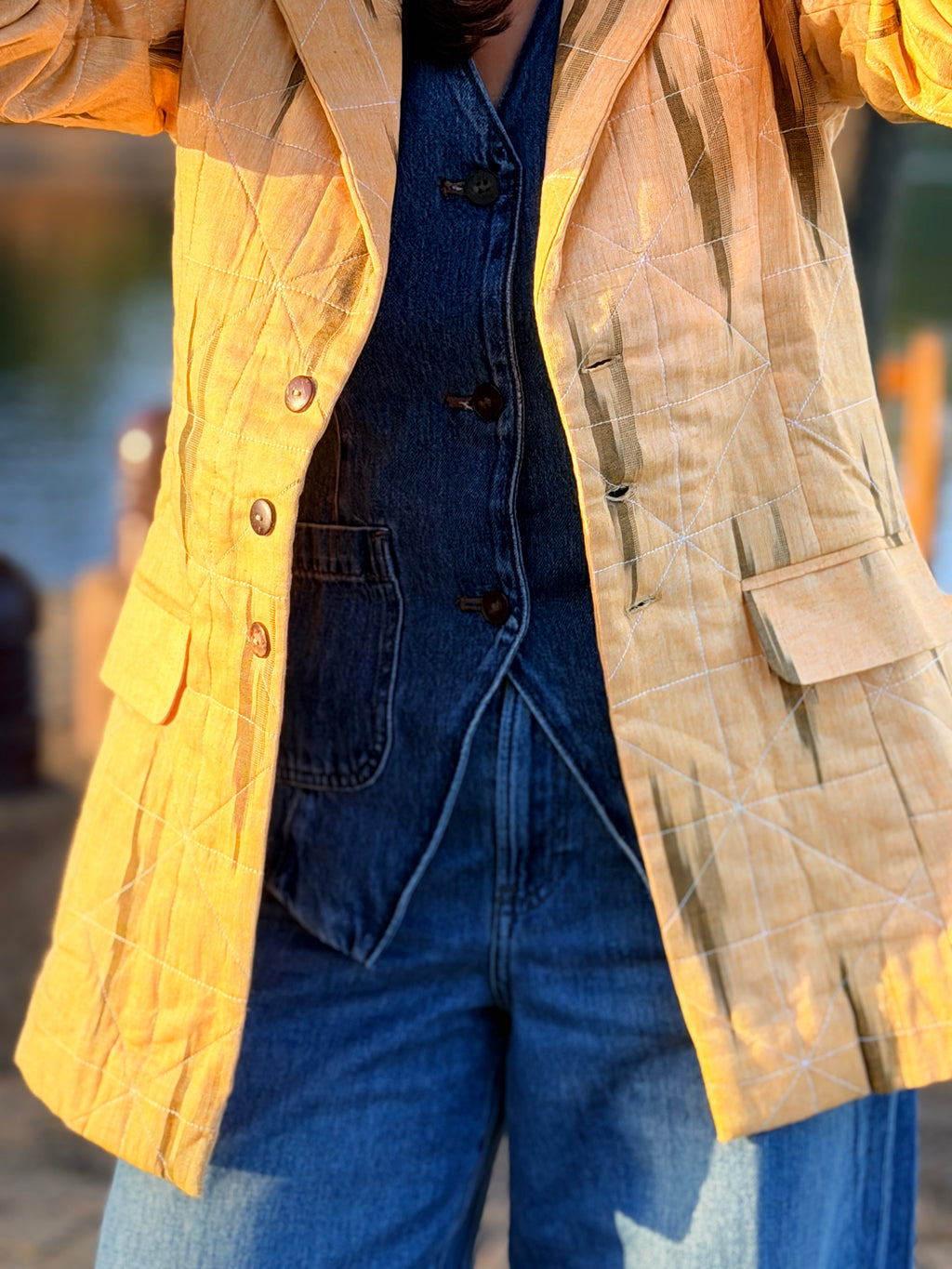Pastel Yellow Ikkat Hand Quilted Cotton Jacket with printed lining