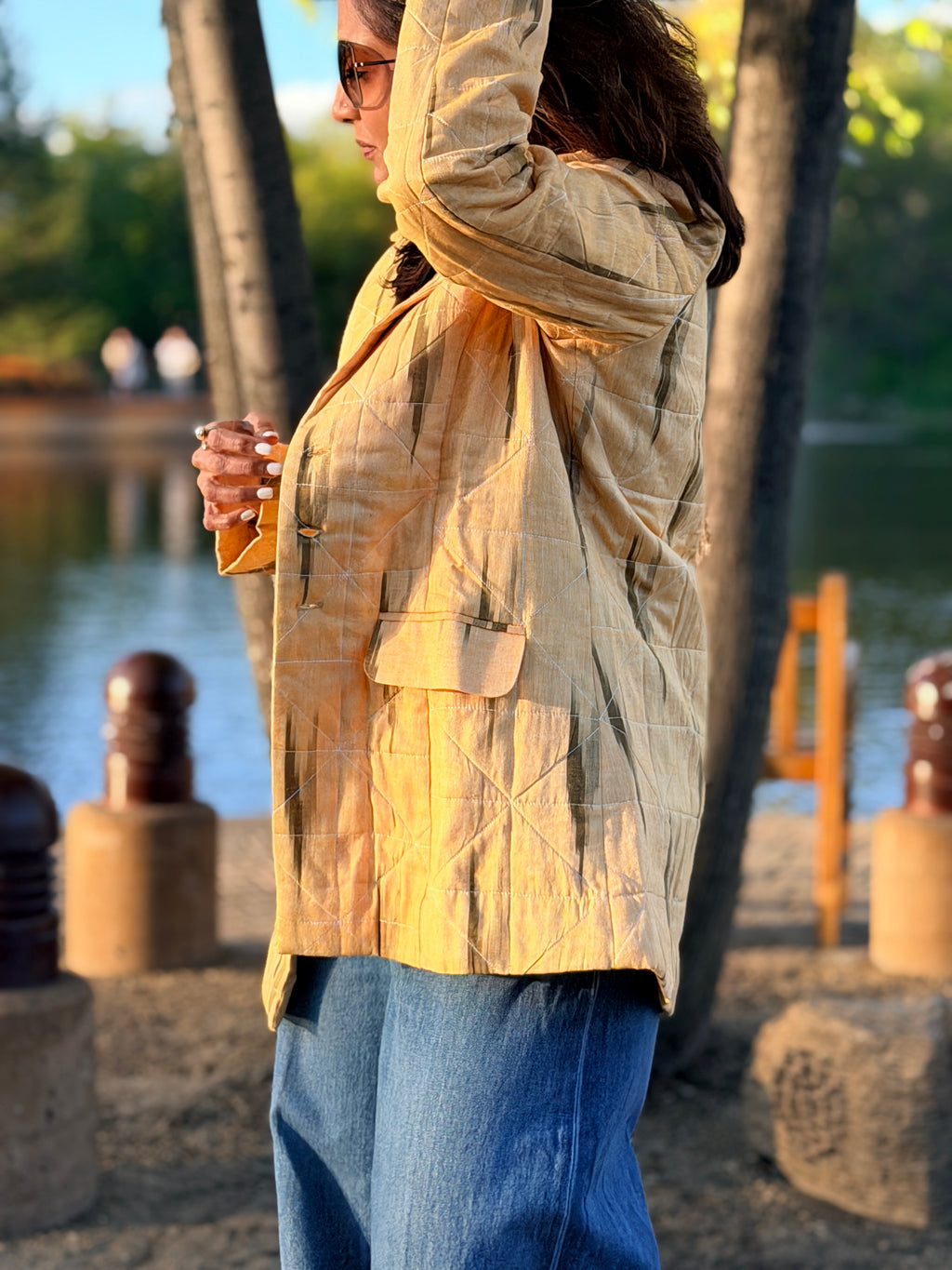 Pastel Yellow Ikkat Hand Quilted Cotton Jacket with printed lining