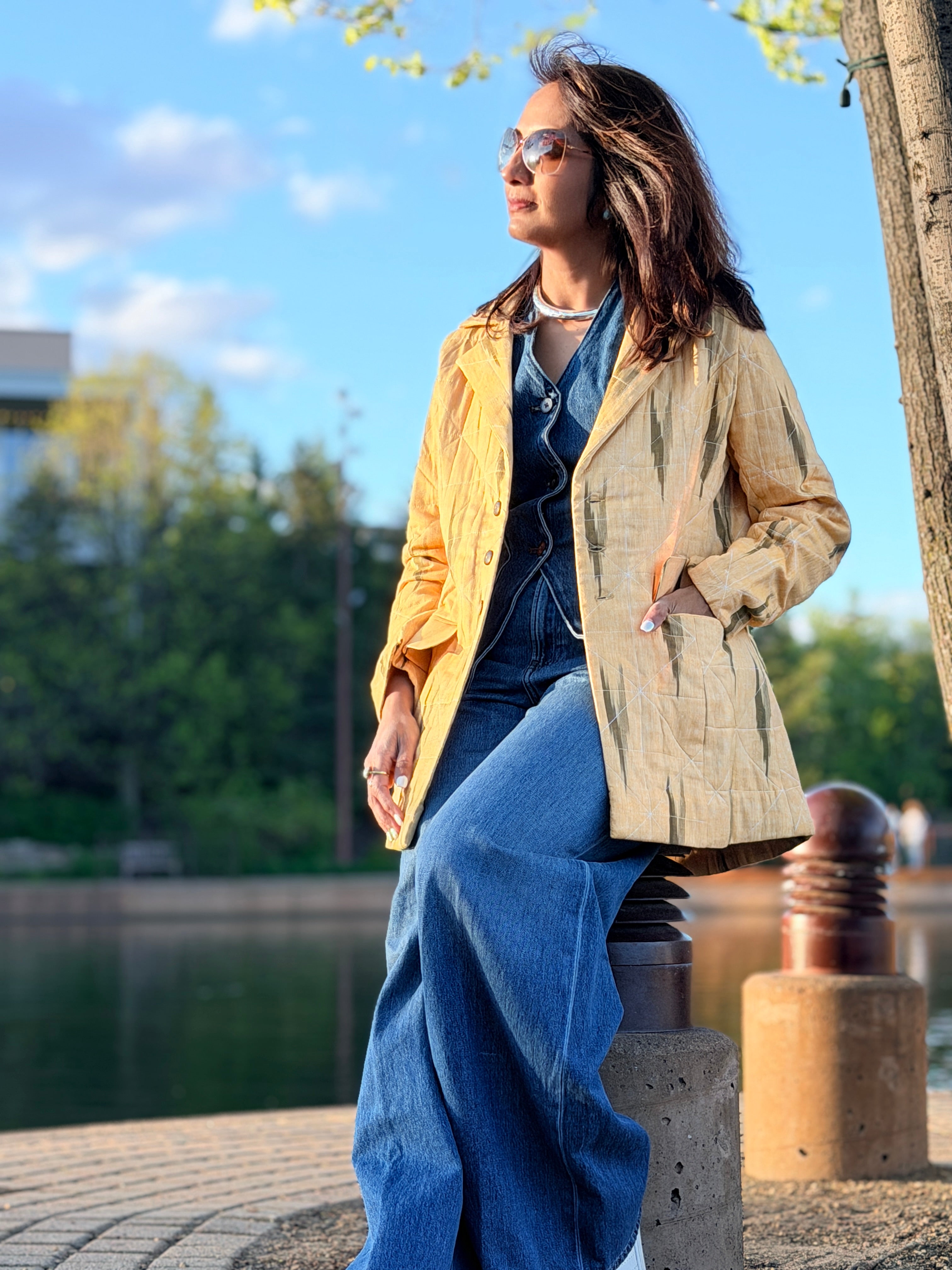Pastel Yellow Ikkat Hand Quilted Cotton Jacket with printed lining