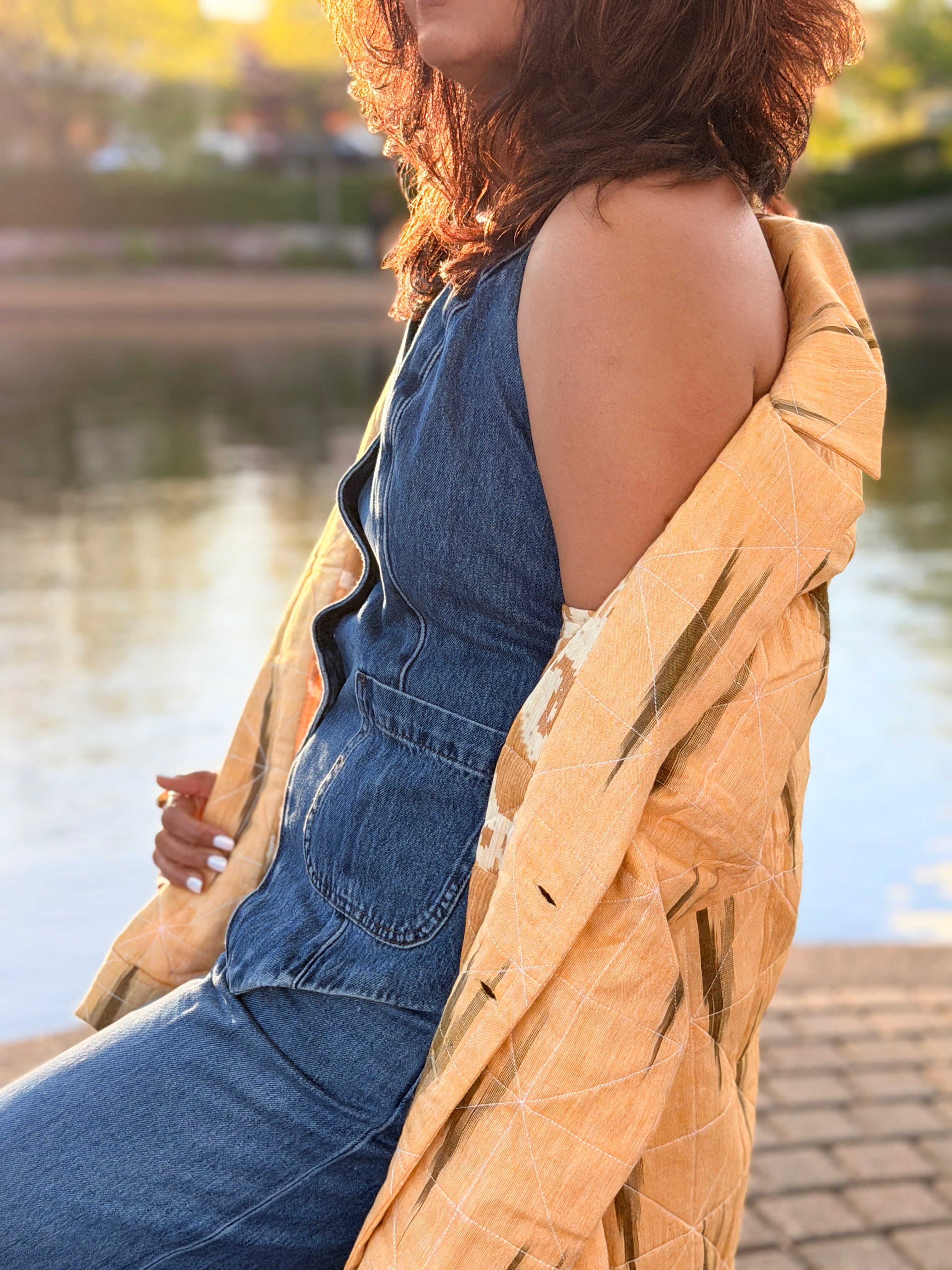 Pastel Yellow Ikkat Hand Quilted Cotton Jacket with printed lining
