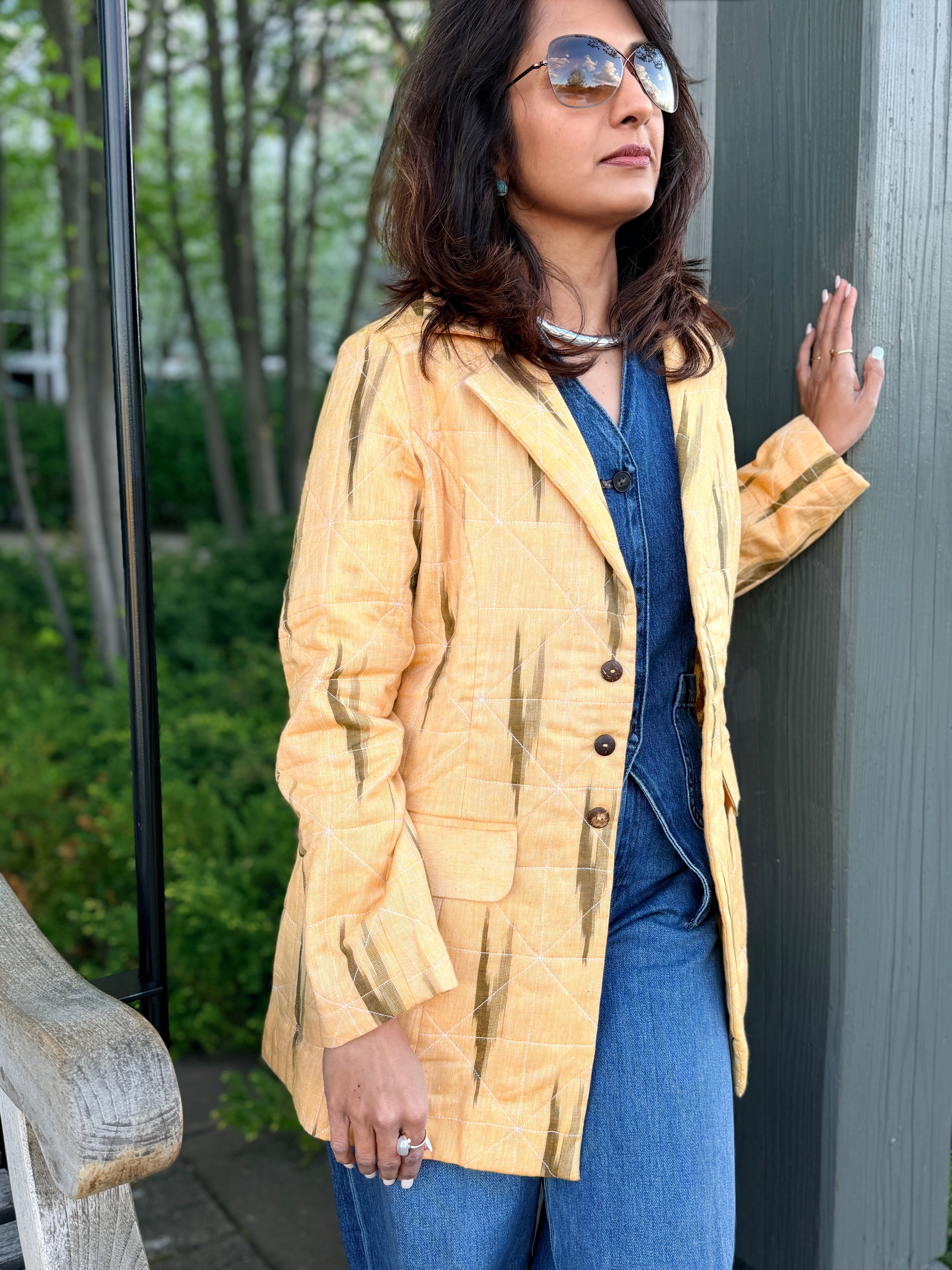 Pastel Yellow Ikkat Hand Quilted Cotton Jacket with printed lining
