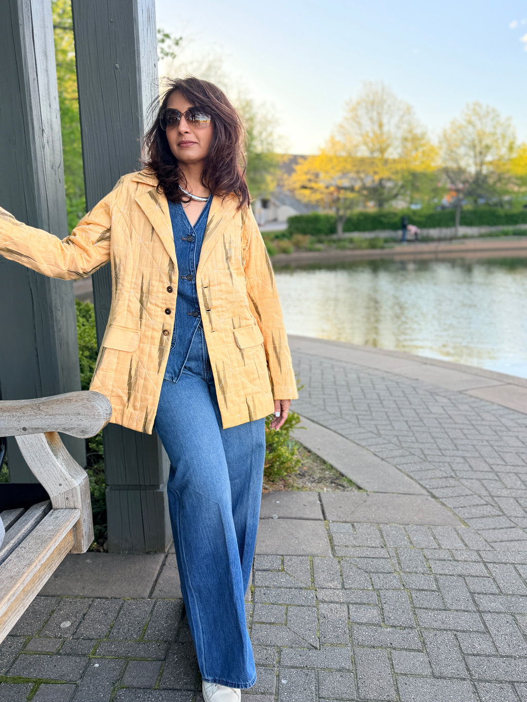 Pastel Yellow Ikkat Hand Quilted Cotton Jacket with printed lining