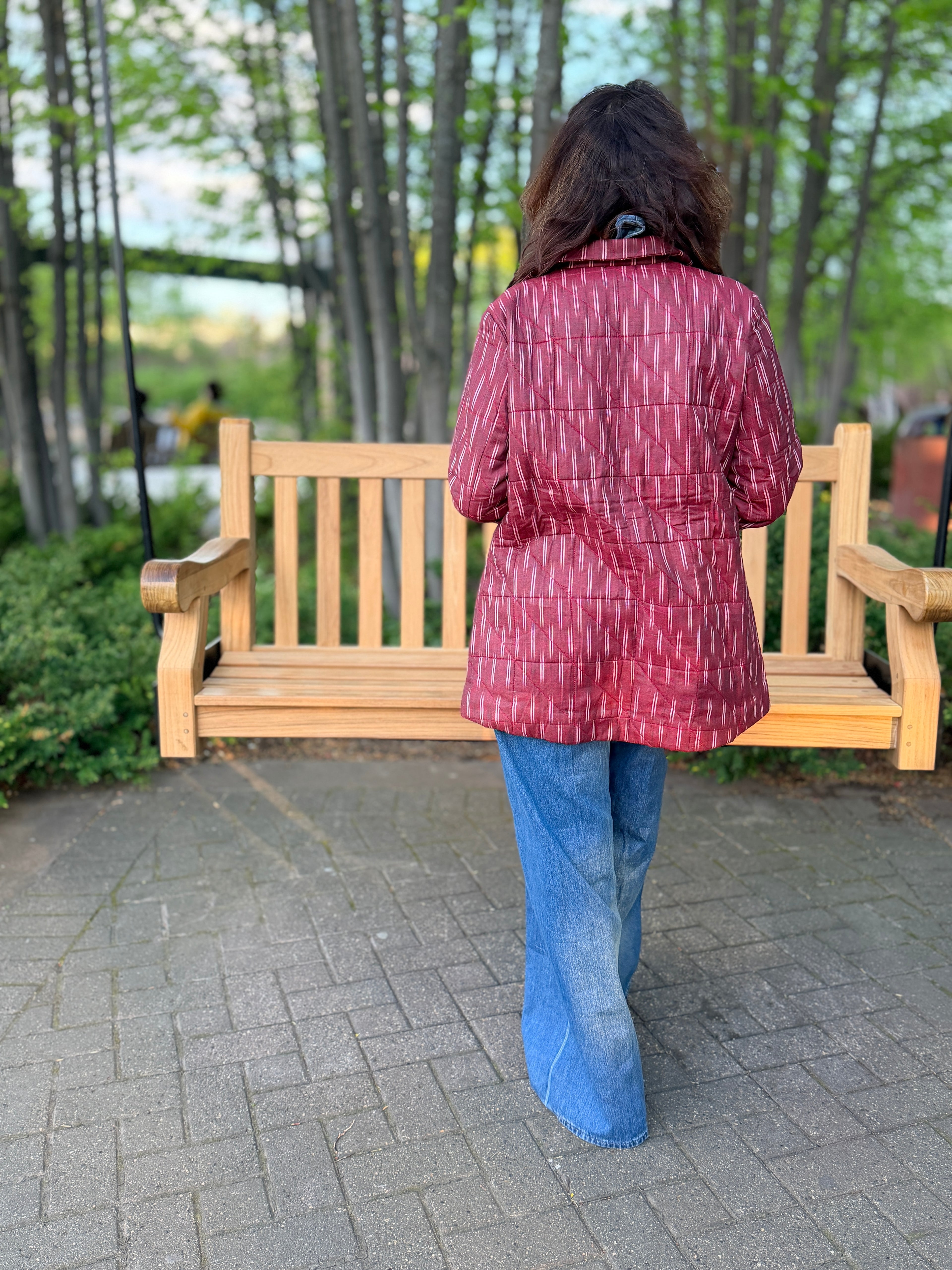 Maroon Ikkat Hand Quilted Jacket With Printed Lining