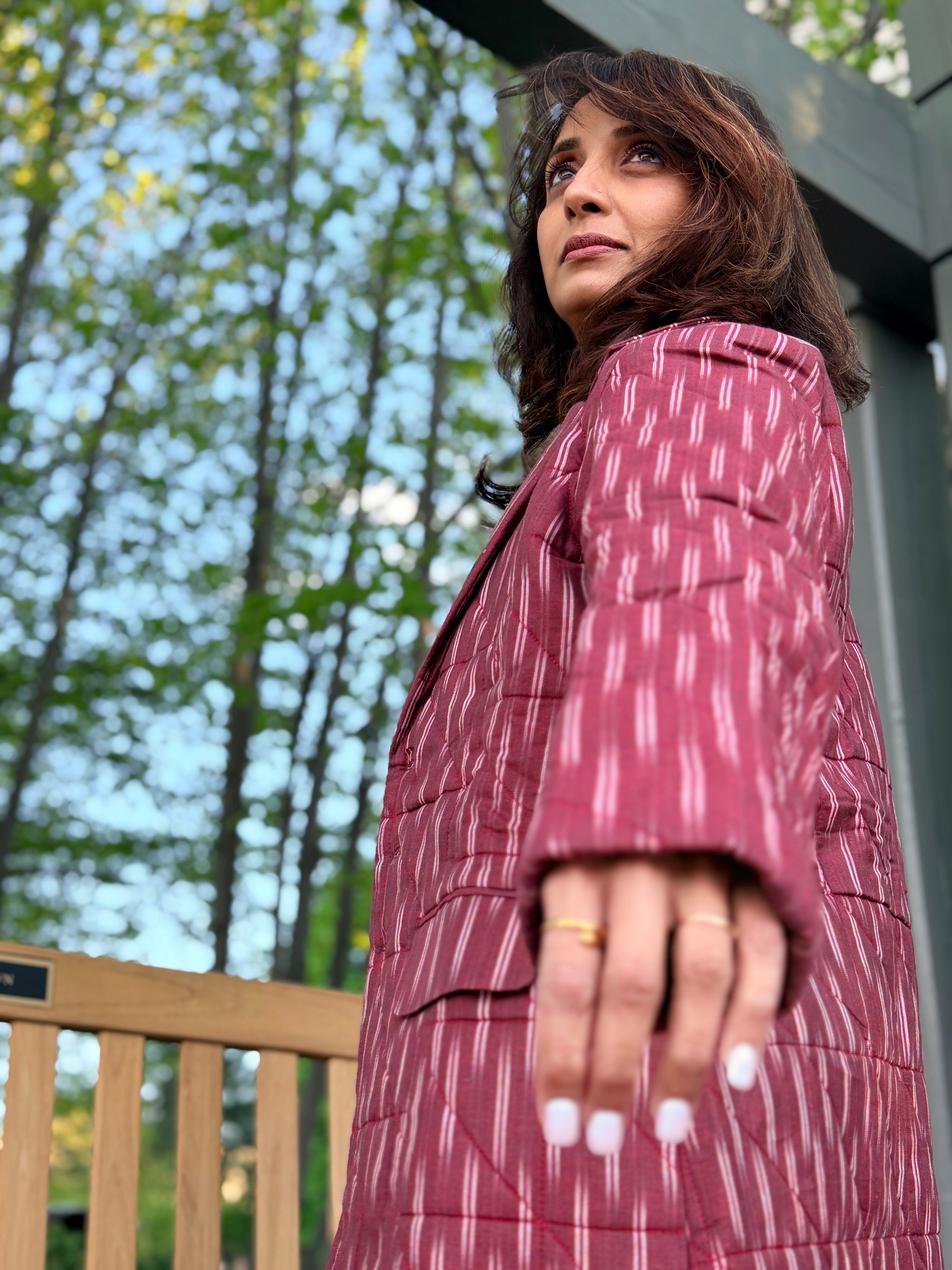 Maroon Ikkat Hand Quilted Jacket With Printed Lining