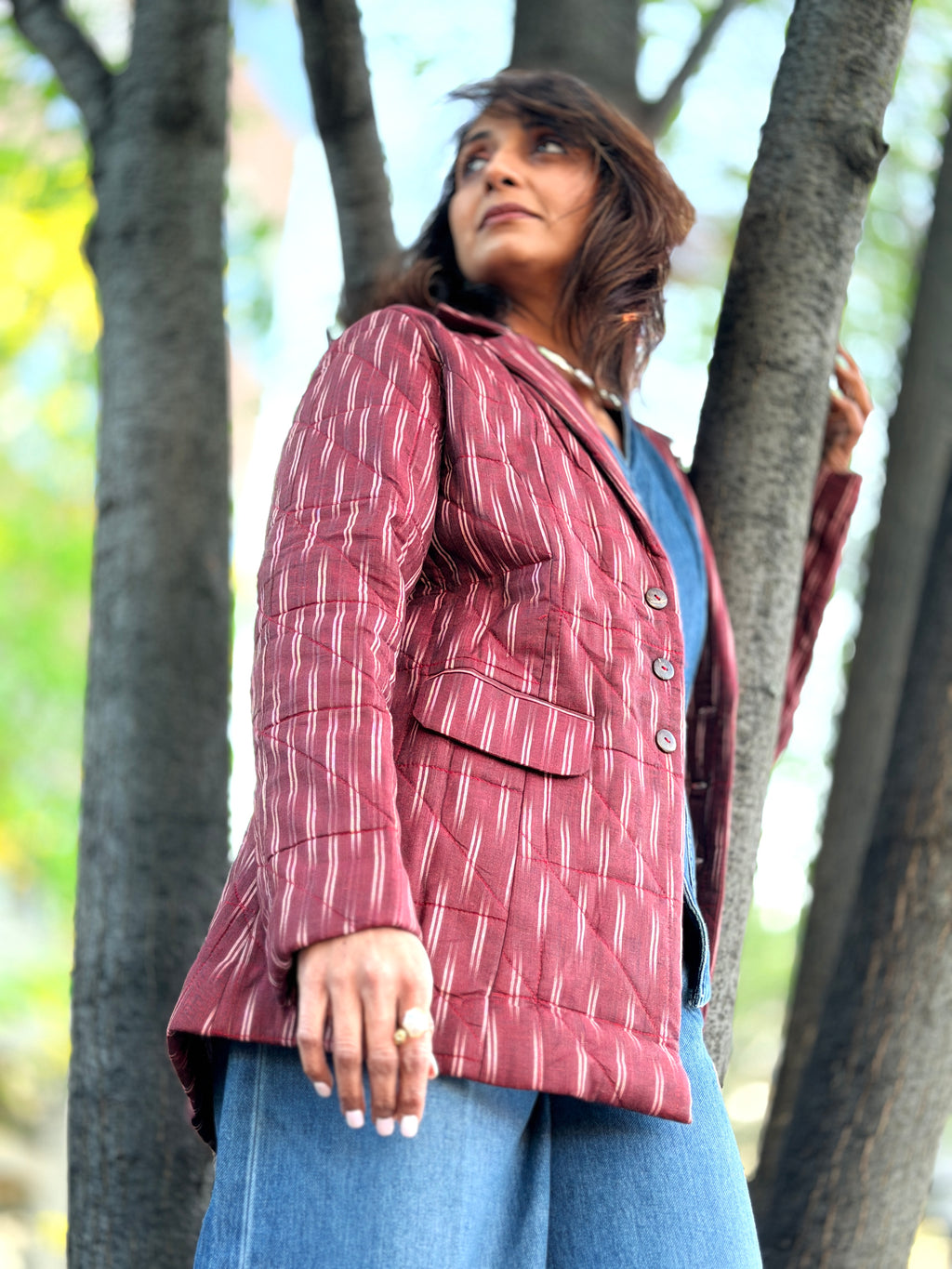 Maroon Ikkat Hand Quilted Jacket With Printed Lining