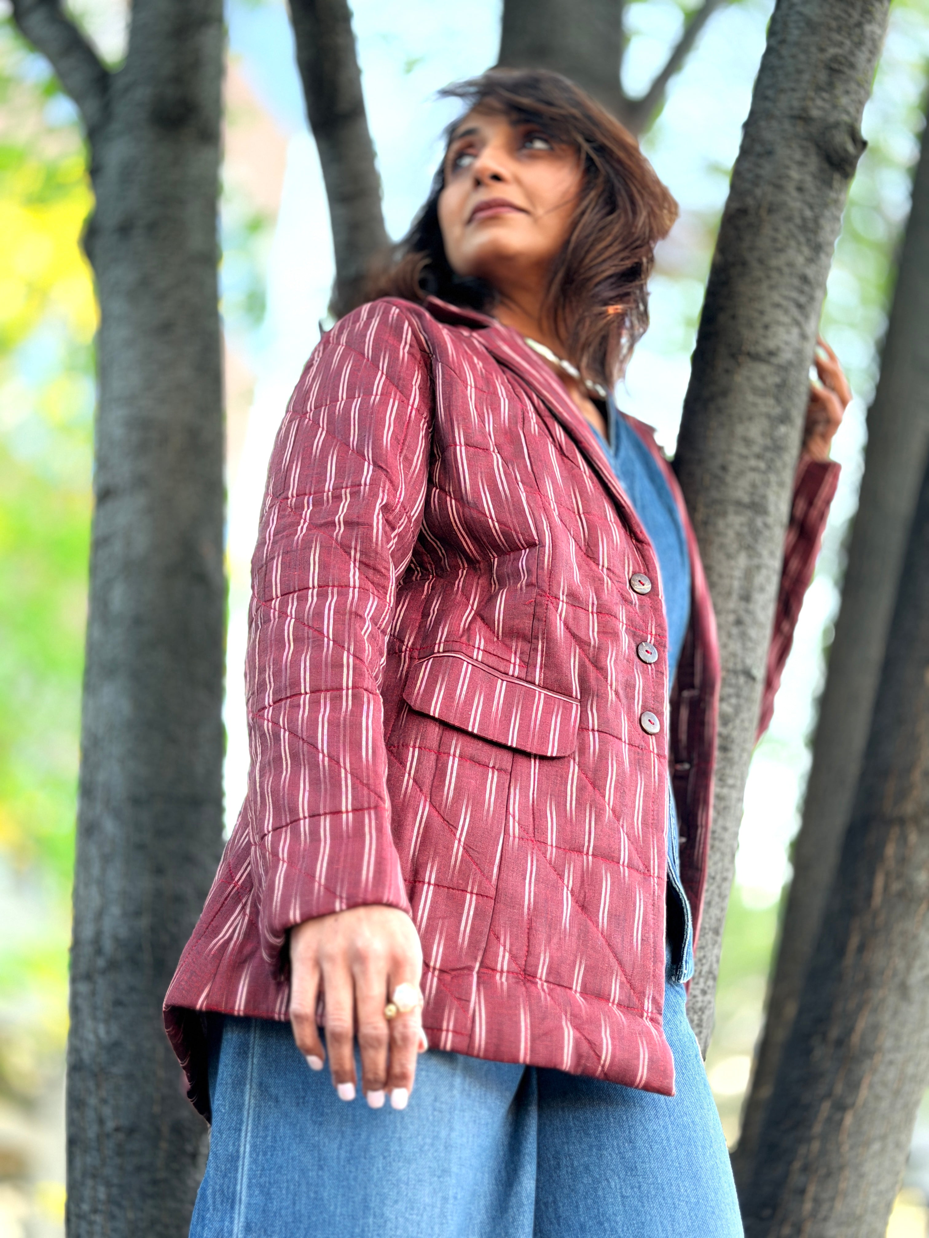 Maroon Ikkat Hand Quilted Jacket With Printed Lining