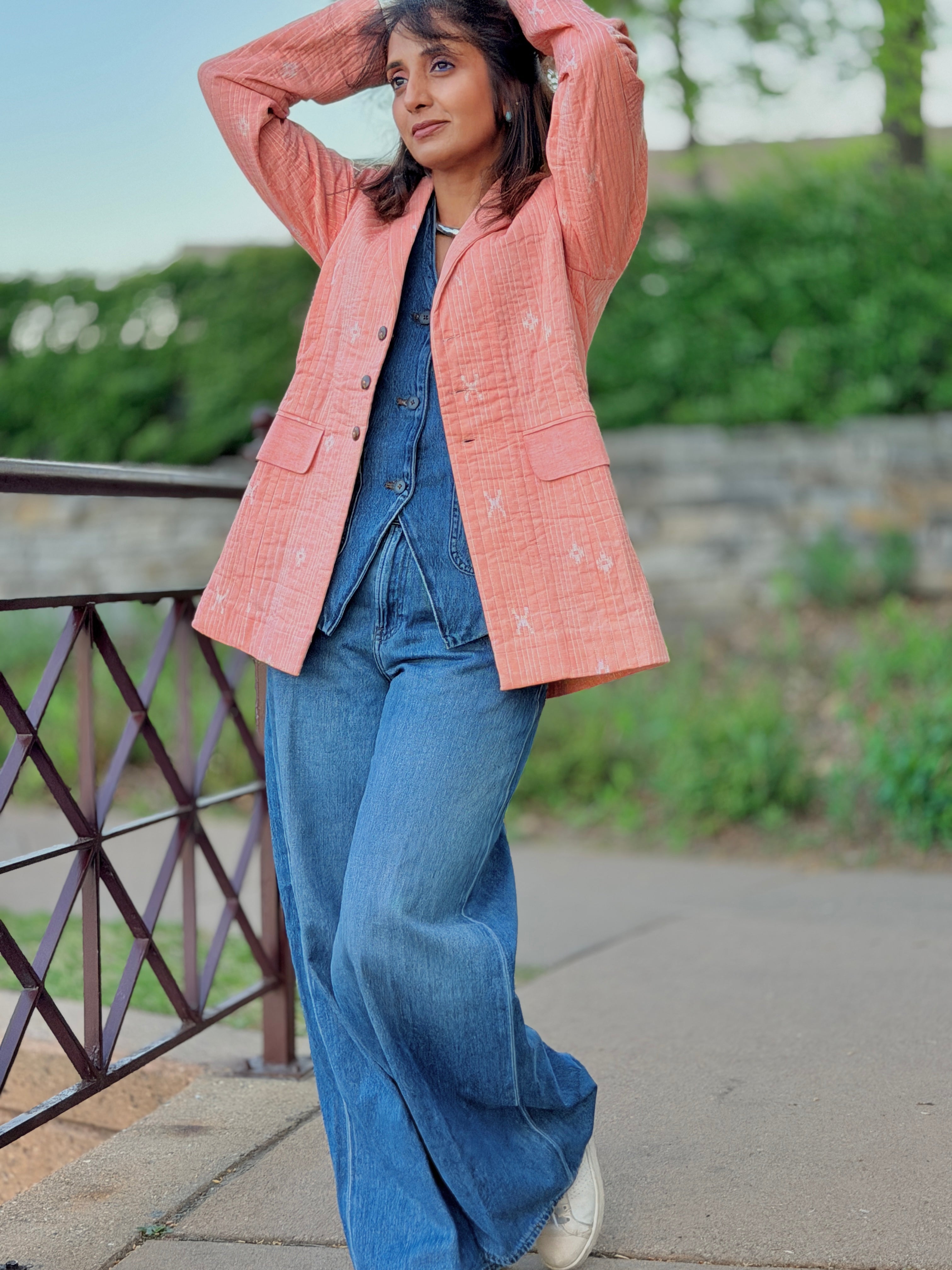 Blush Jamdani Motif Cotton Quilted Blazer Jacket – Handmade Quilted Layer