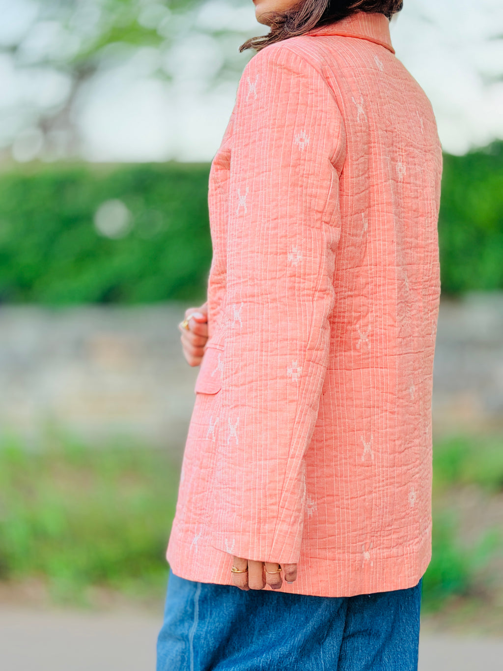 Blush Jamdani Motif Cotton Quilted Blazer Jacket – Handmade Quilted Layer