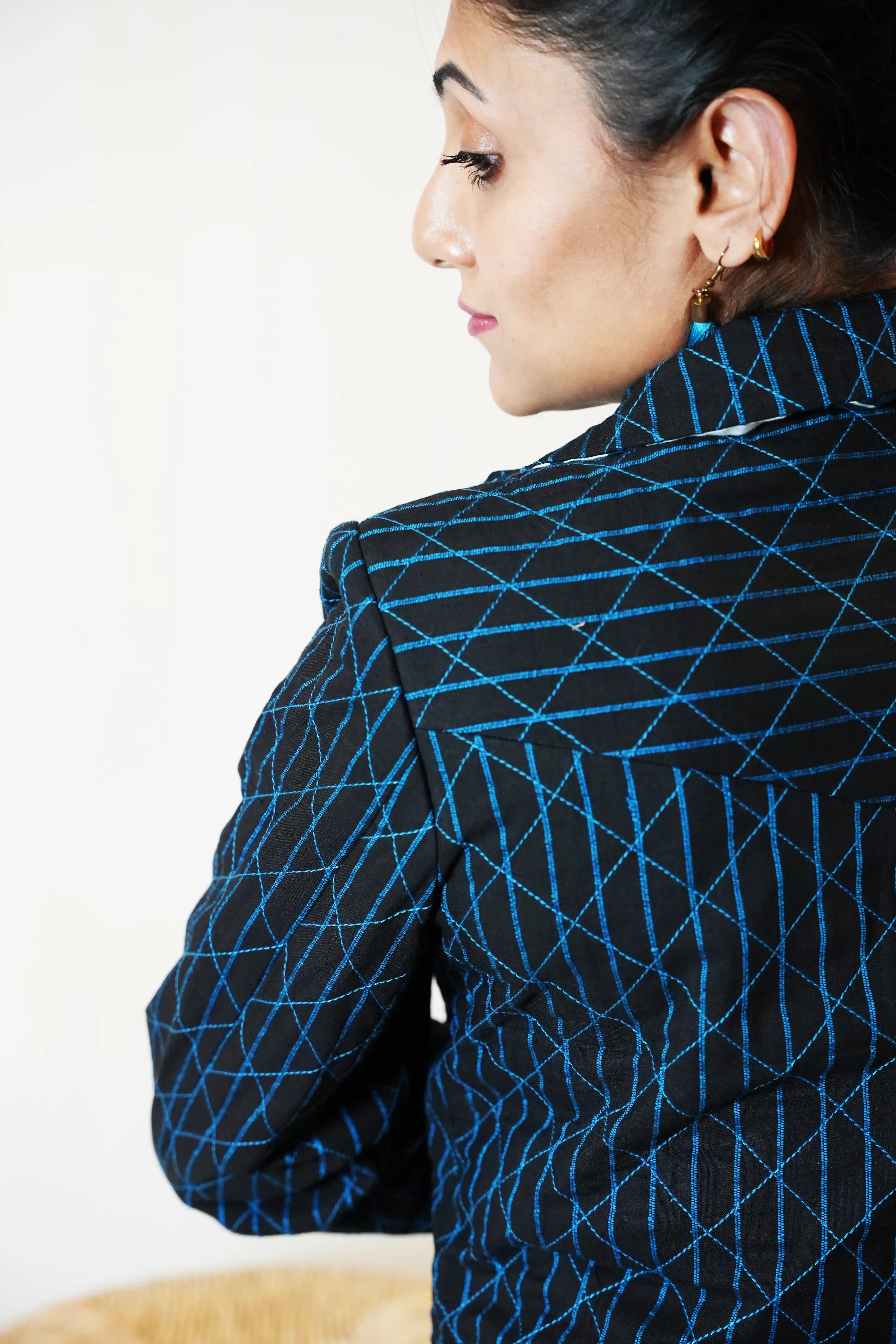 Handmade Black and Turquoise Cotton Quilted Jacket with Geometric Stitching