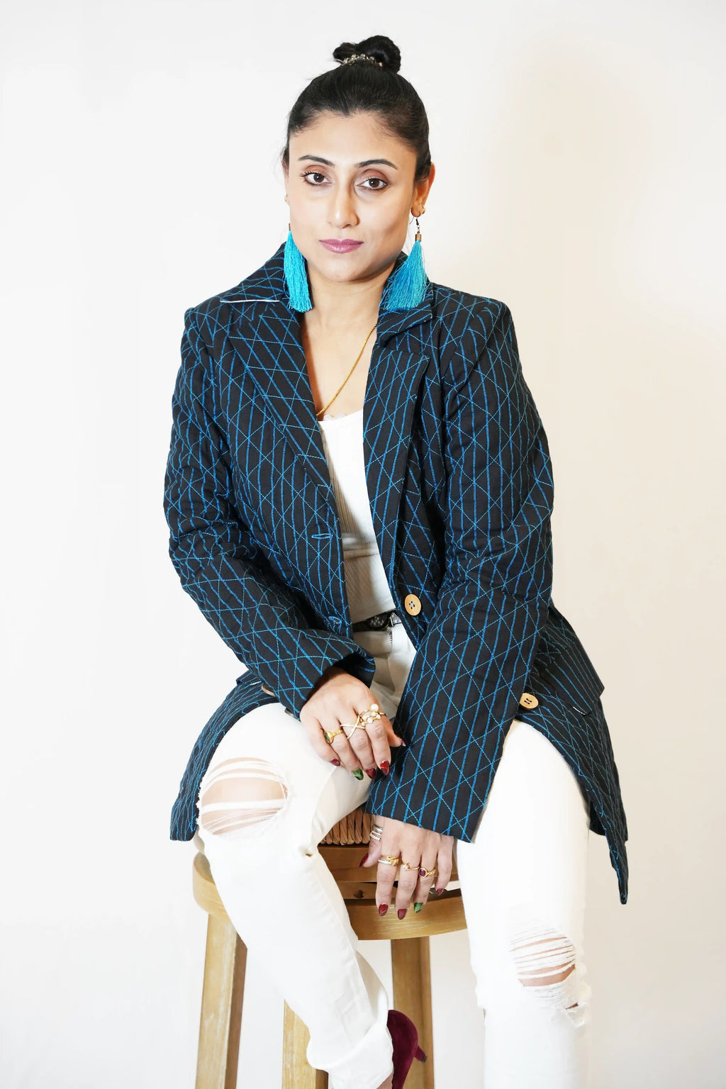 Handmade Black and Turquoise Cotton Quilted Jacket with Geometric Stitching