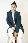 Handmade Black and Turquoise Cotton Quilted Jacket with Geometric Stitching