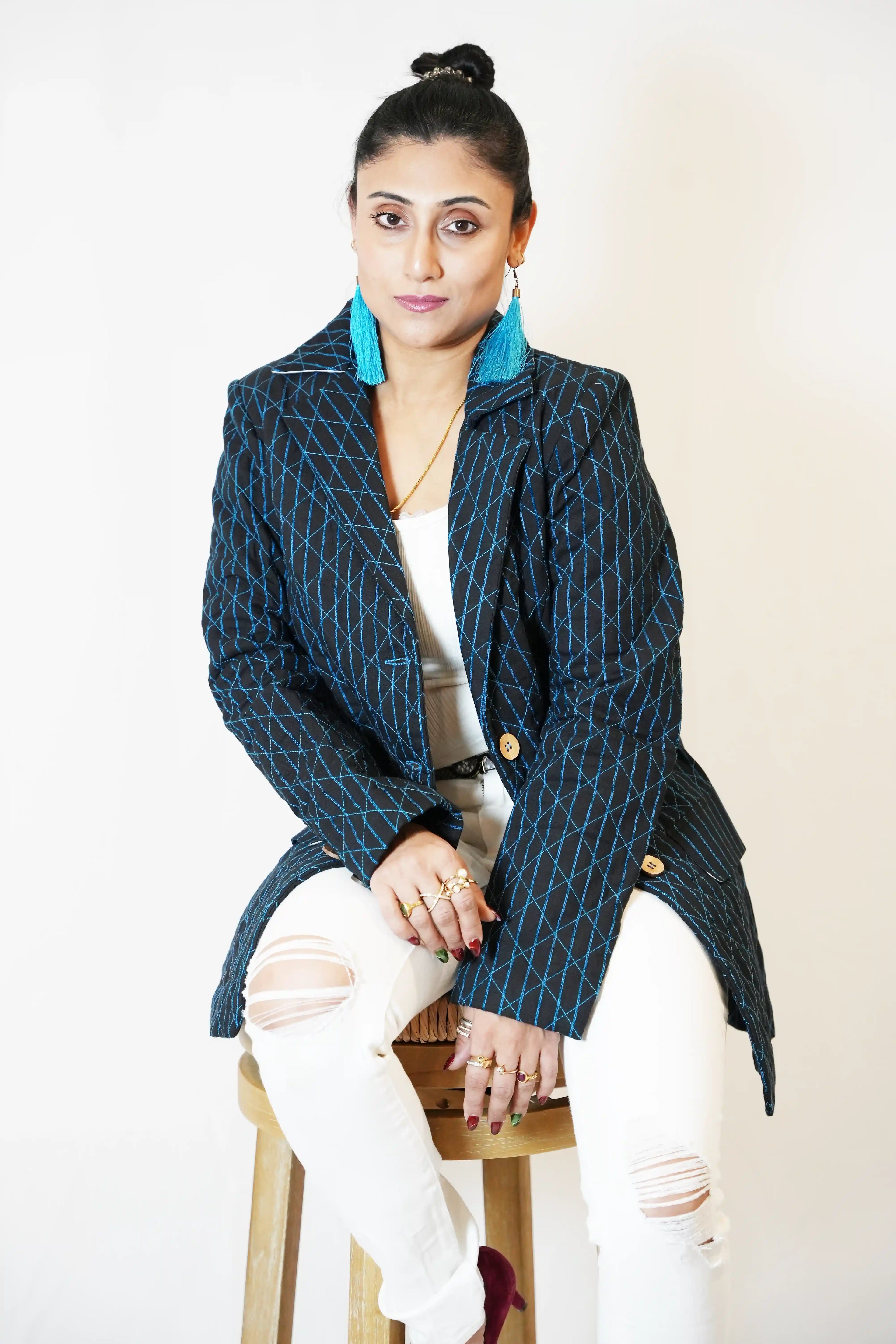 Handmade Black and Turquoise Cotton Quilted Jacket with Geometric Stitching