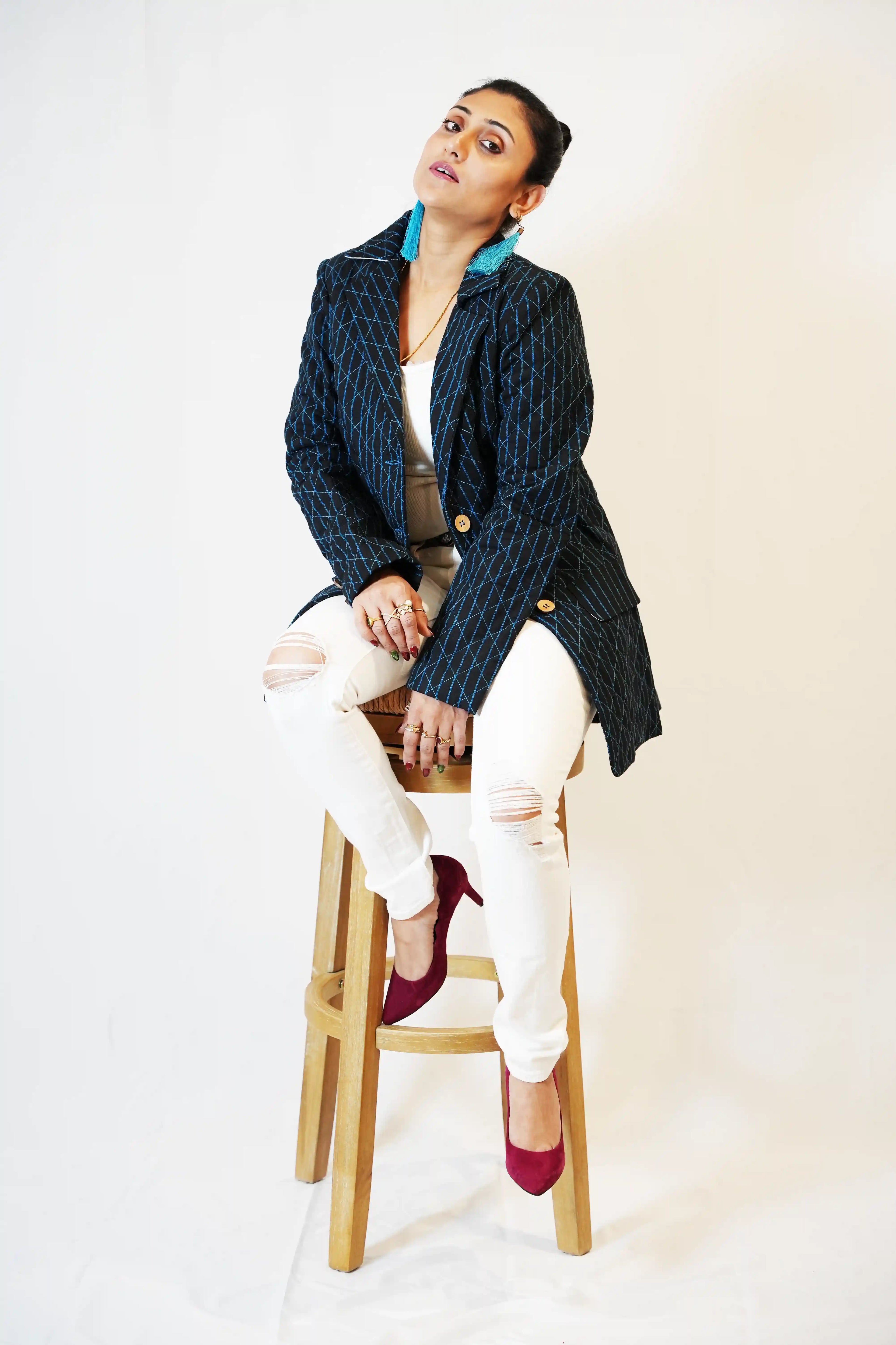 Handmade Black and Turquoise Cotton Quilted Jacket with Geometric Stitching