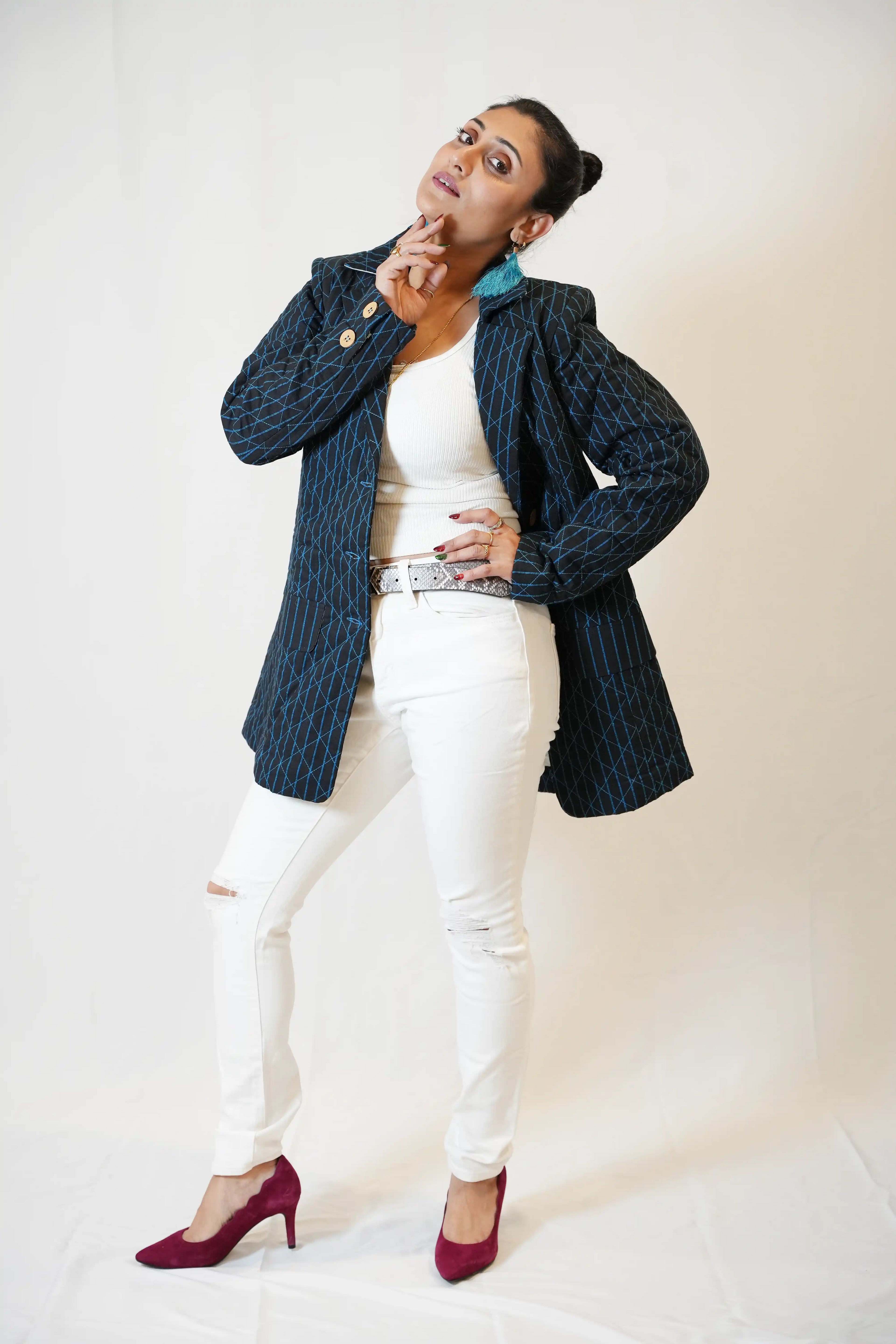 Handmade Black and Turquoise Cotton Quilted Jacket with Geometric Stitching