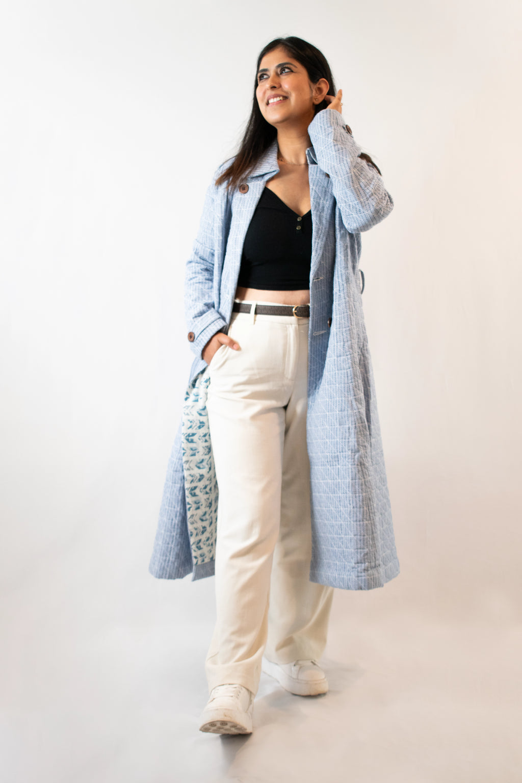 Light Blue Cotton Quilted Long Jacket For Women