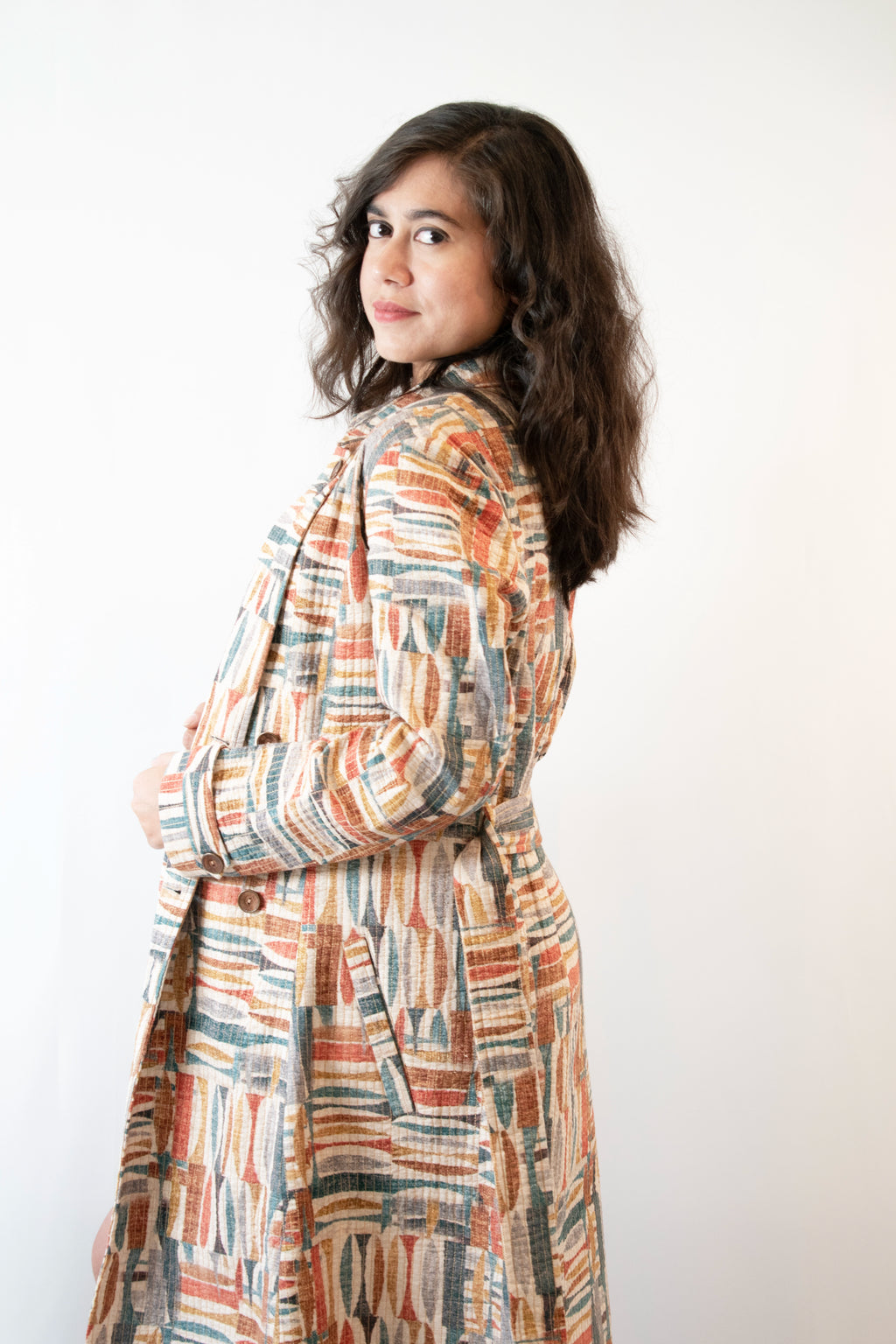 Multicolor Geometric Print Cotton Quilted Long Coat For Women