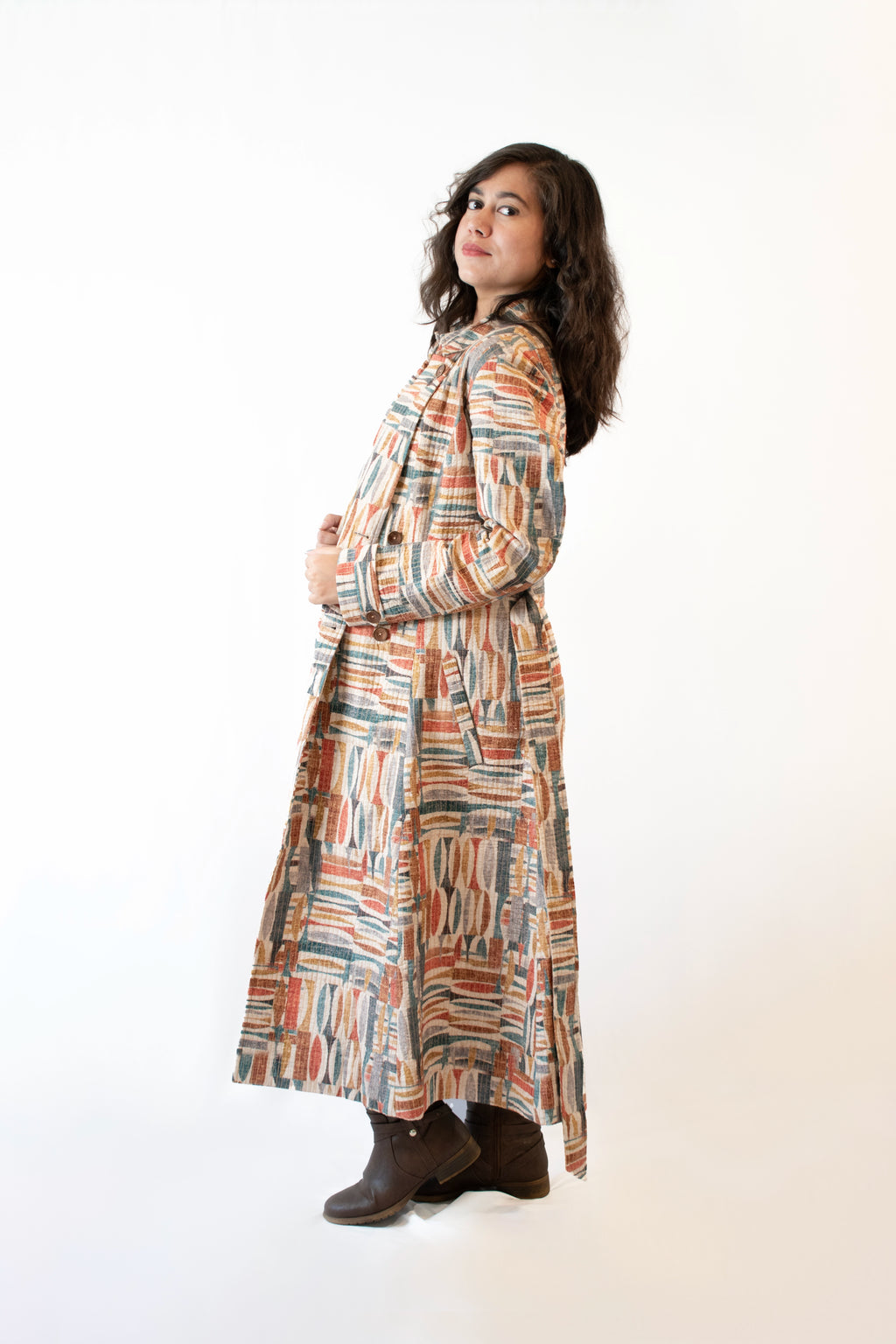 Multicolor Geometric Print Cotton Quilted Long Coat For Women