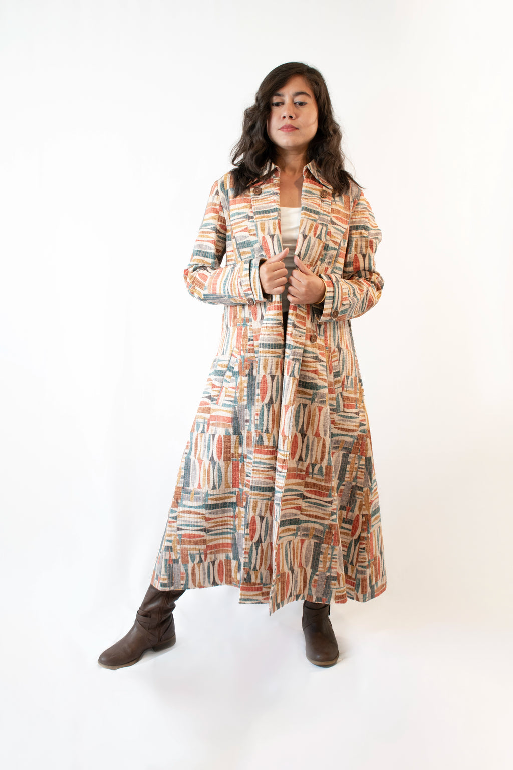 Multicolor Geometric Print Cotton Quilted Long Coat For Women