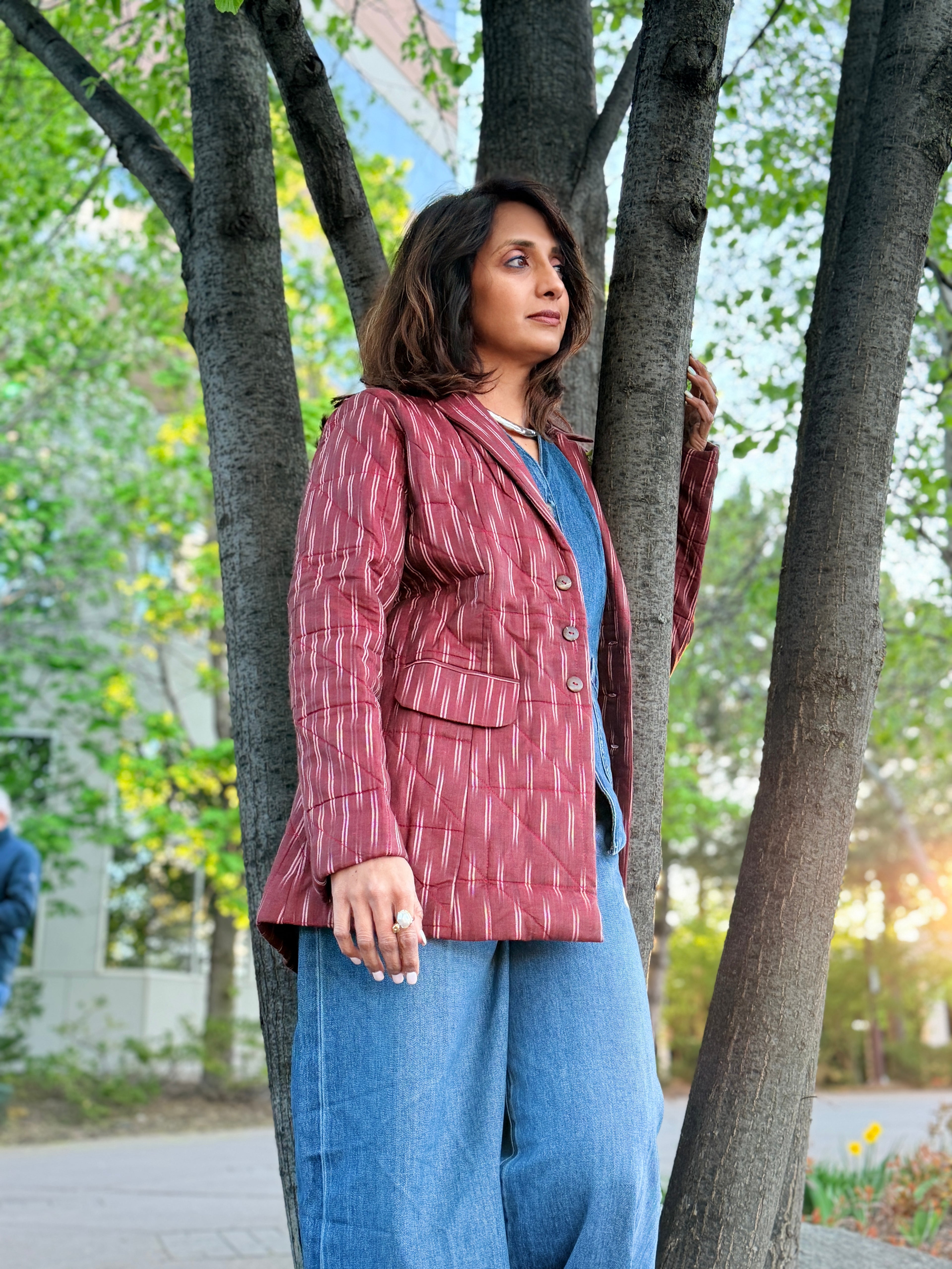 Maroon Ikkat Hand Quilted Jacket With Printed Lining