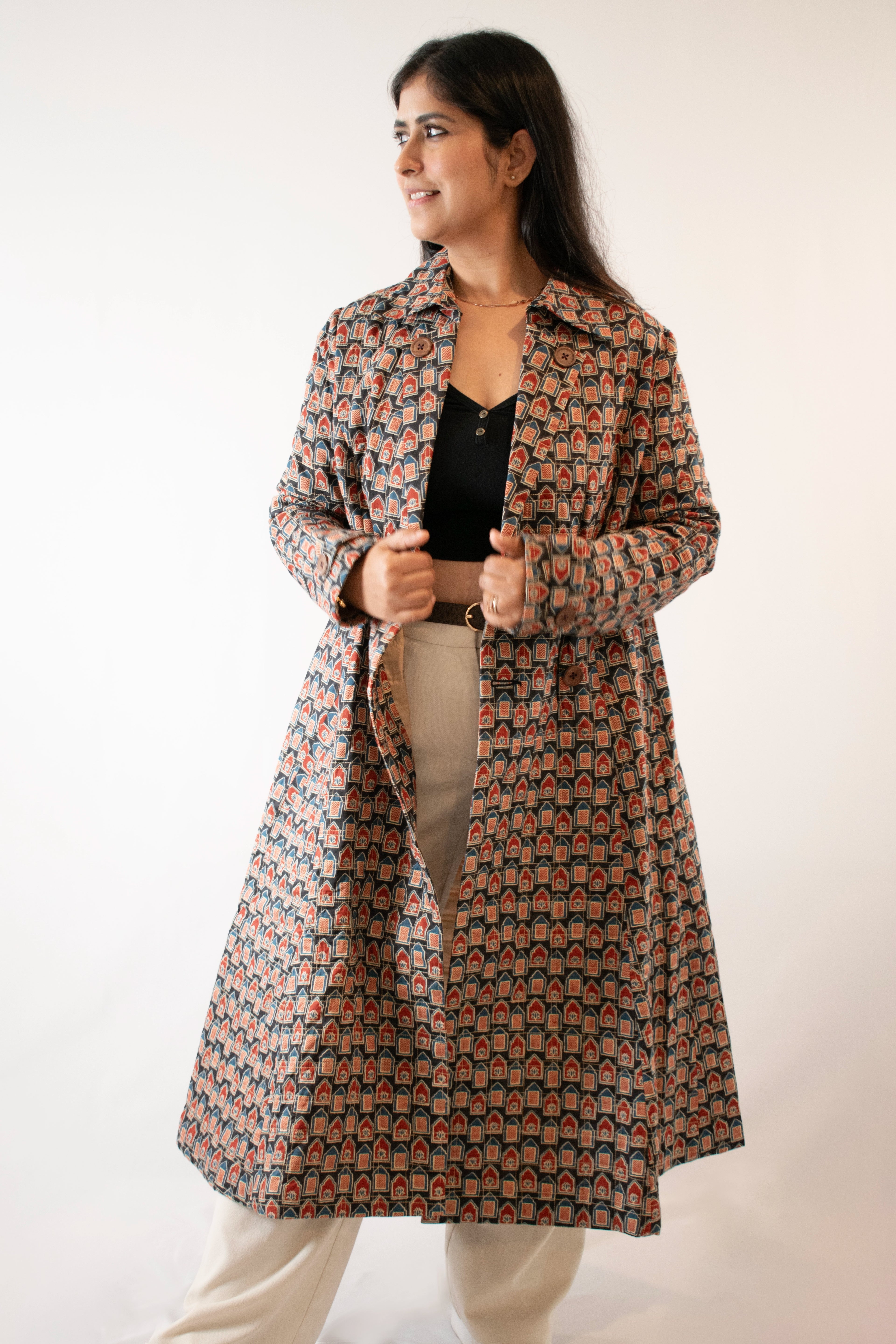 Handmade earthy printed long quilted coat