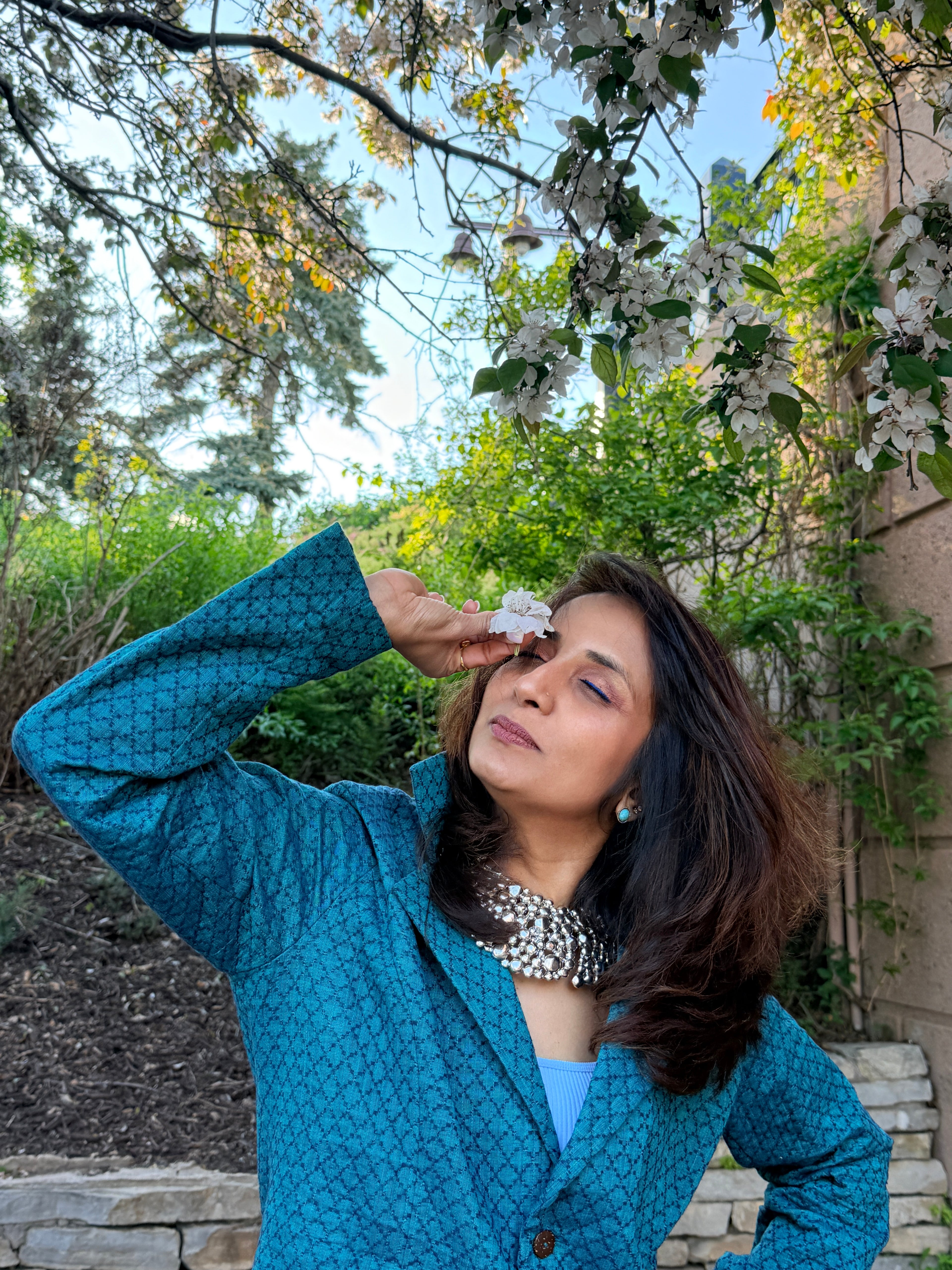 Teal Handwoven Cotton Quilted Blazer Jacket