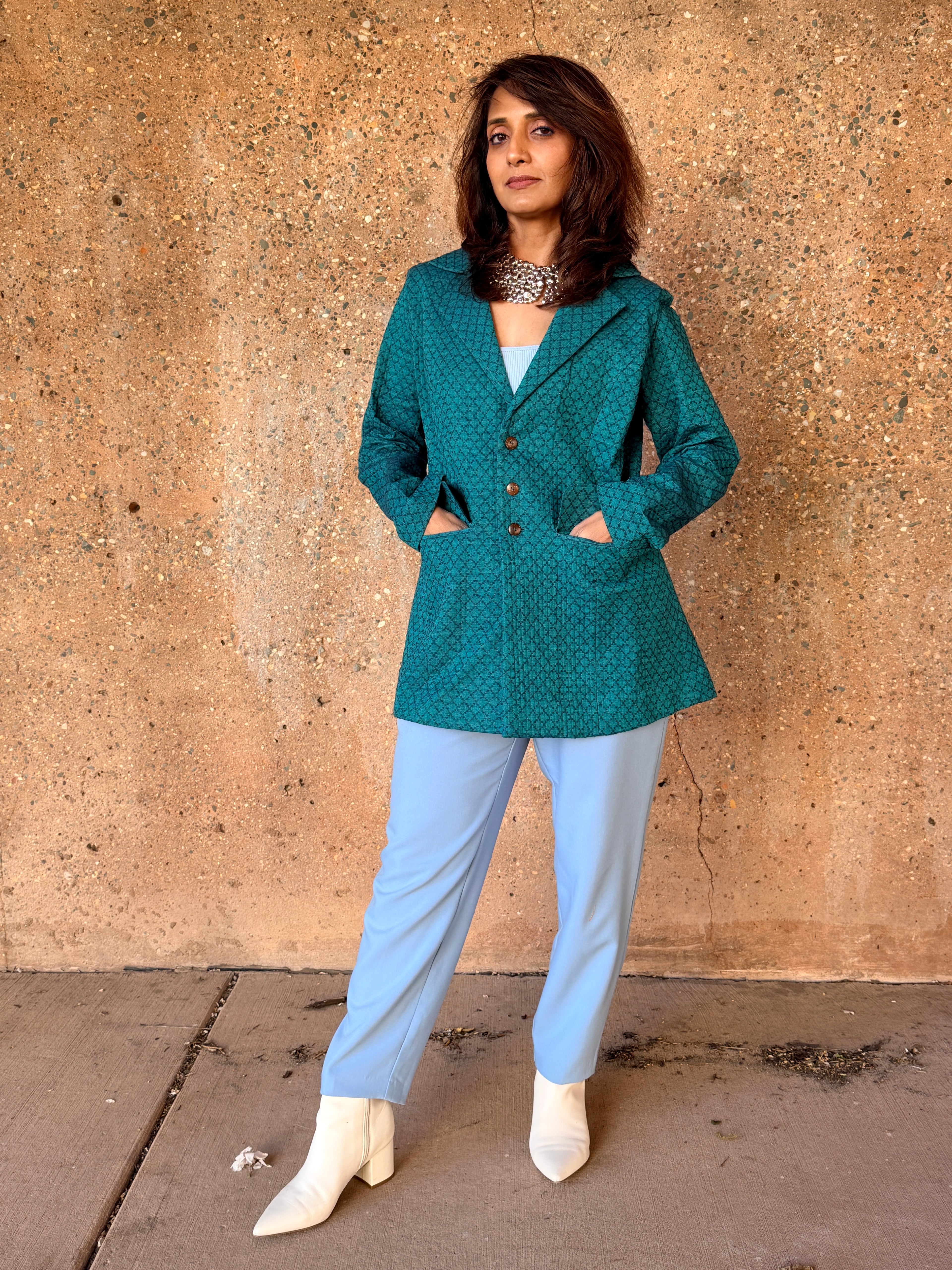 Teal Handwoven Cotton Quilted Blazer Jacket