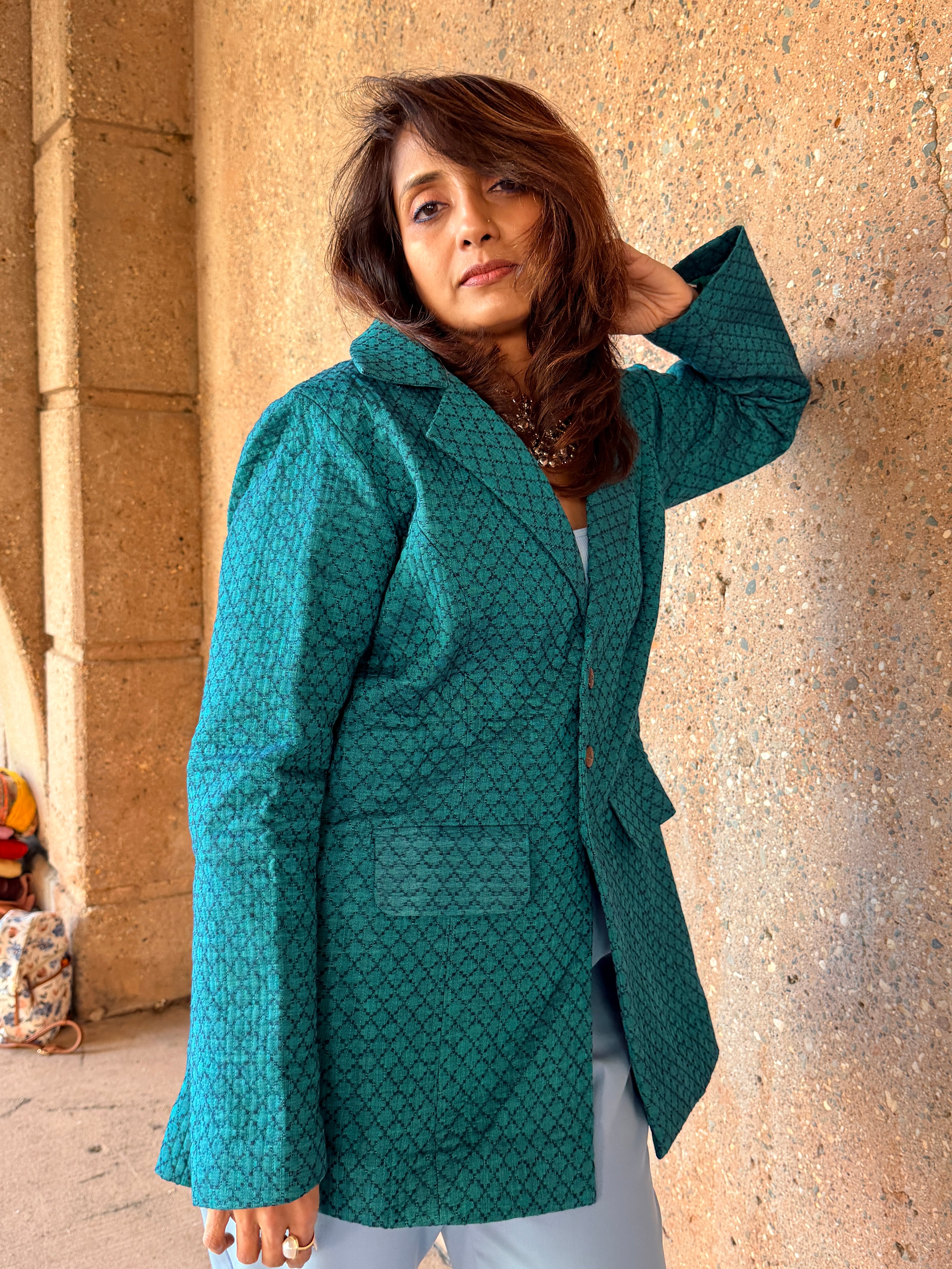 Teal Handwoven Cotton Quilted Blazer Jacket