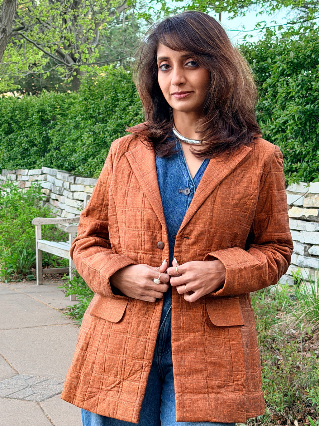 Rust Textured Hand Quilted Jacket with Printed Lining