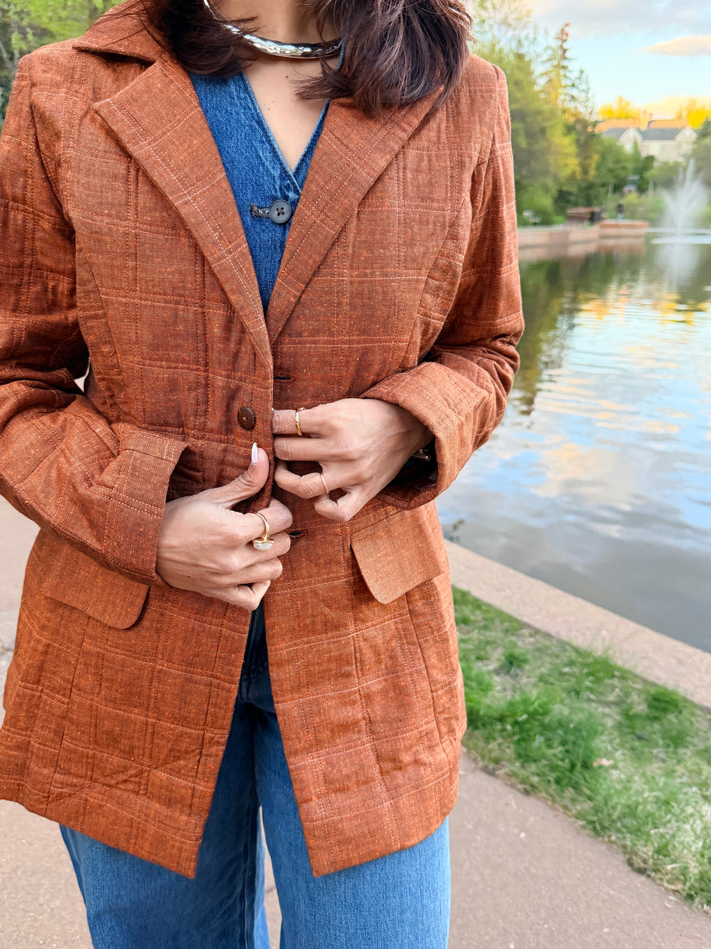 Rust Textured Hand Quilted Jacket with Printed Lining