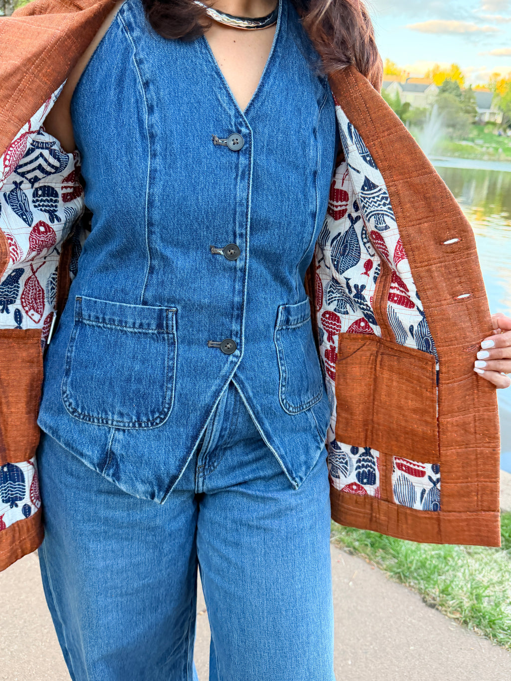Rust Textured Hand Quilted Jacket with Printed Lining