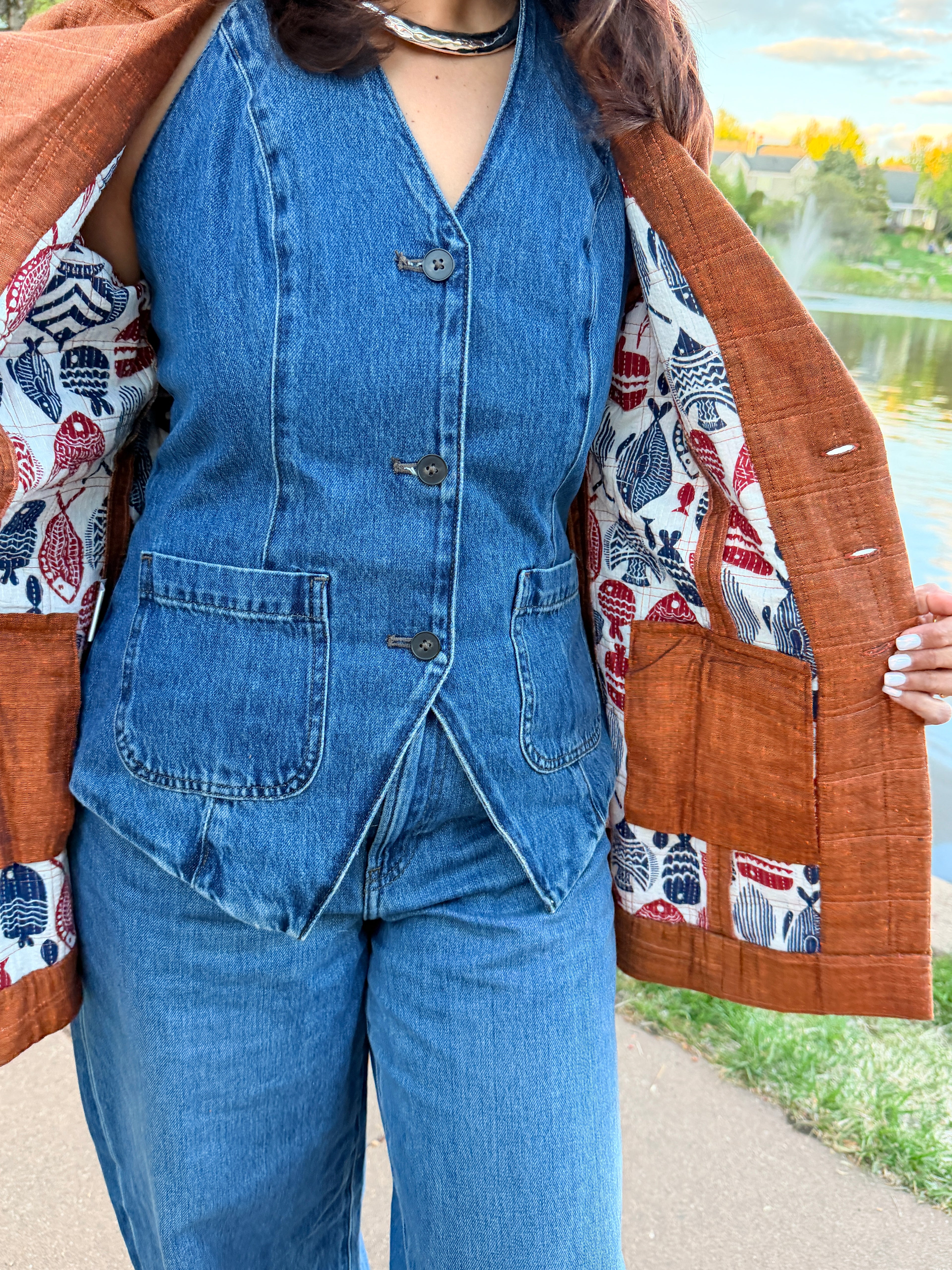 Rust Textured Hand Quilted Jacket with Printed Lining
