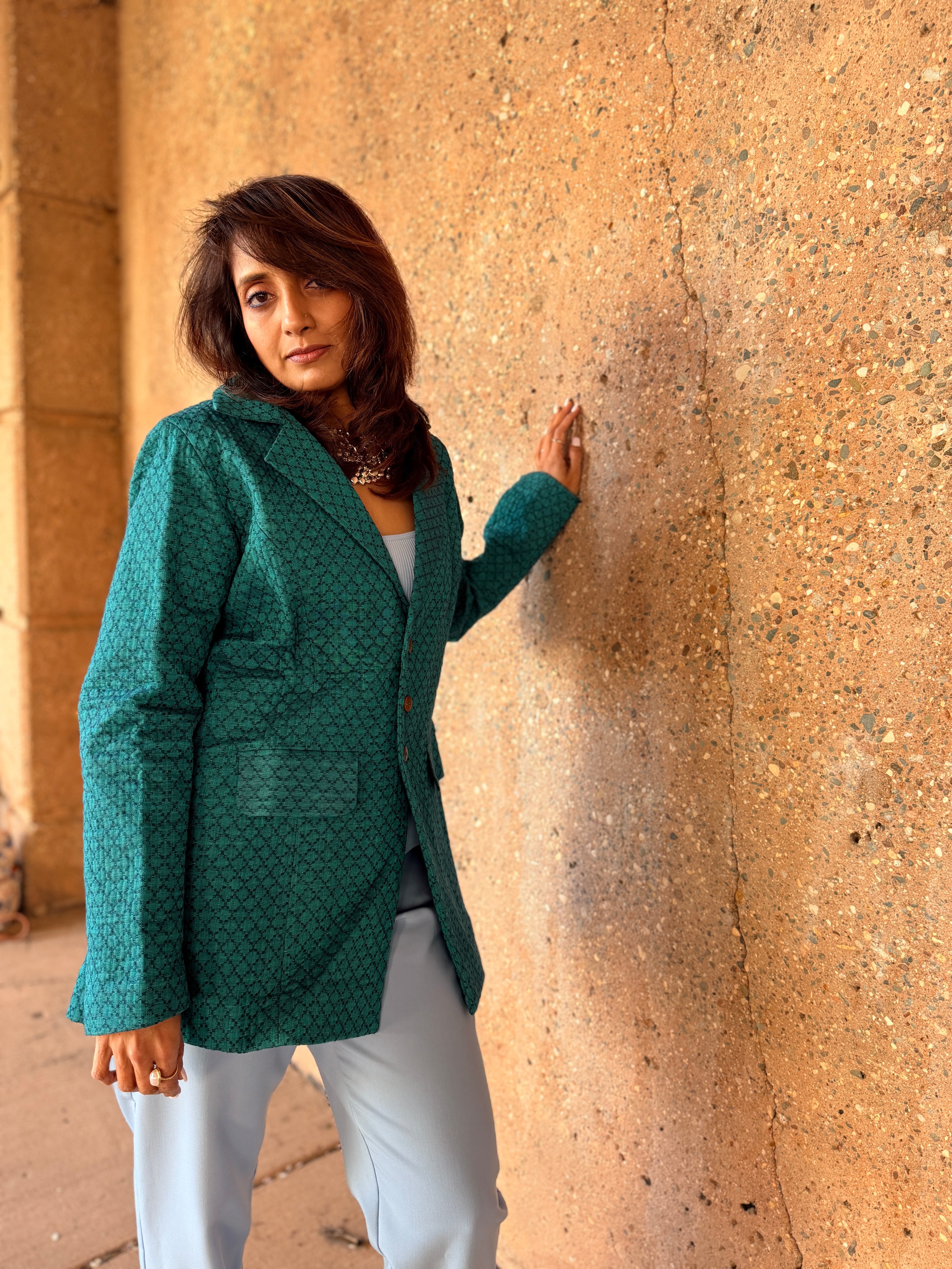 Teal Handwoven Cotton Quilted Blazer Jacket