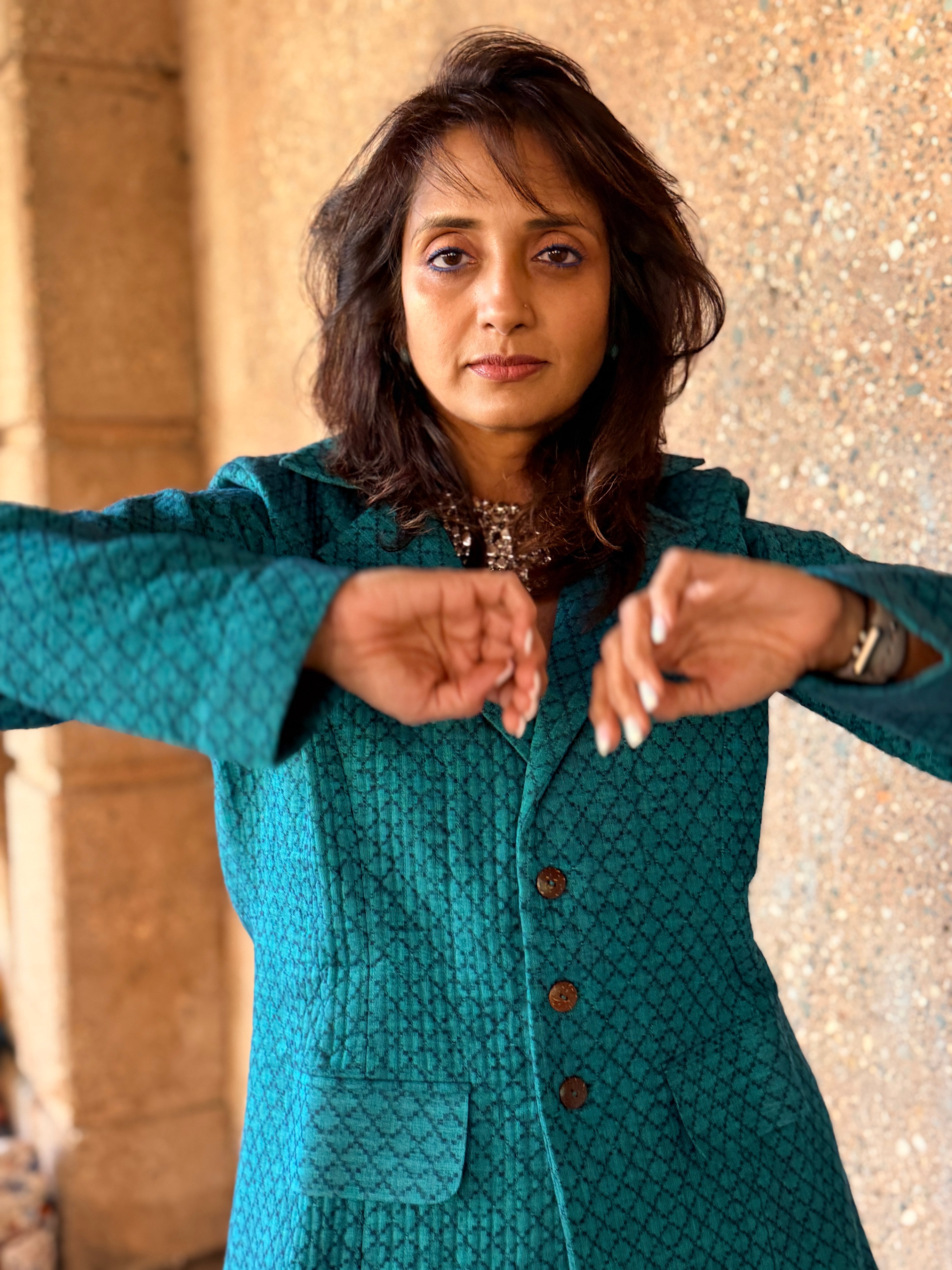 Teal Handwoven Cotton Quilted Blazer Jacket