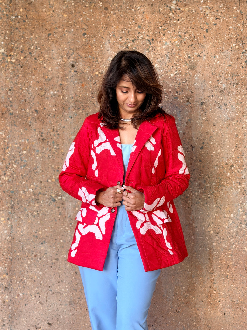 Ruby Red Cotton Hand Crafted Hand Quilted Blazer Jacket