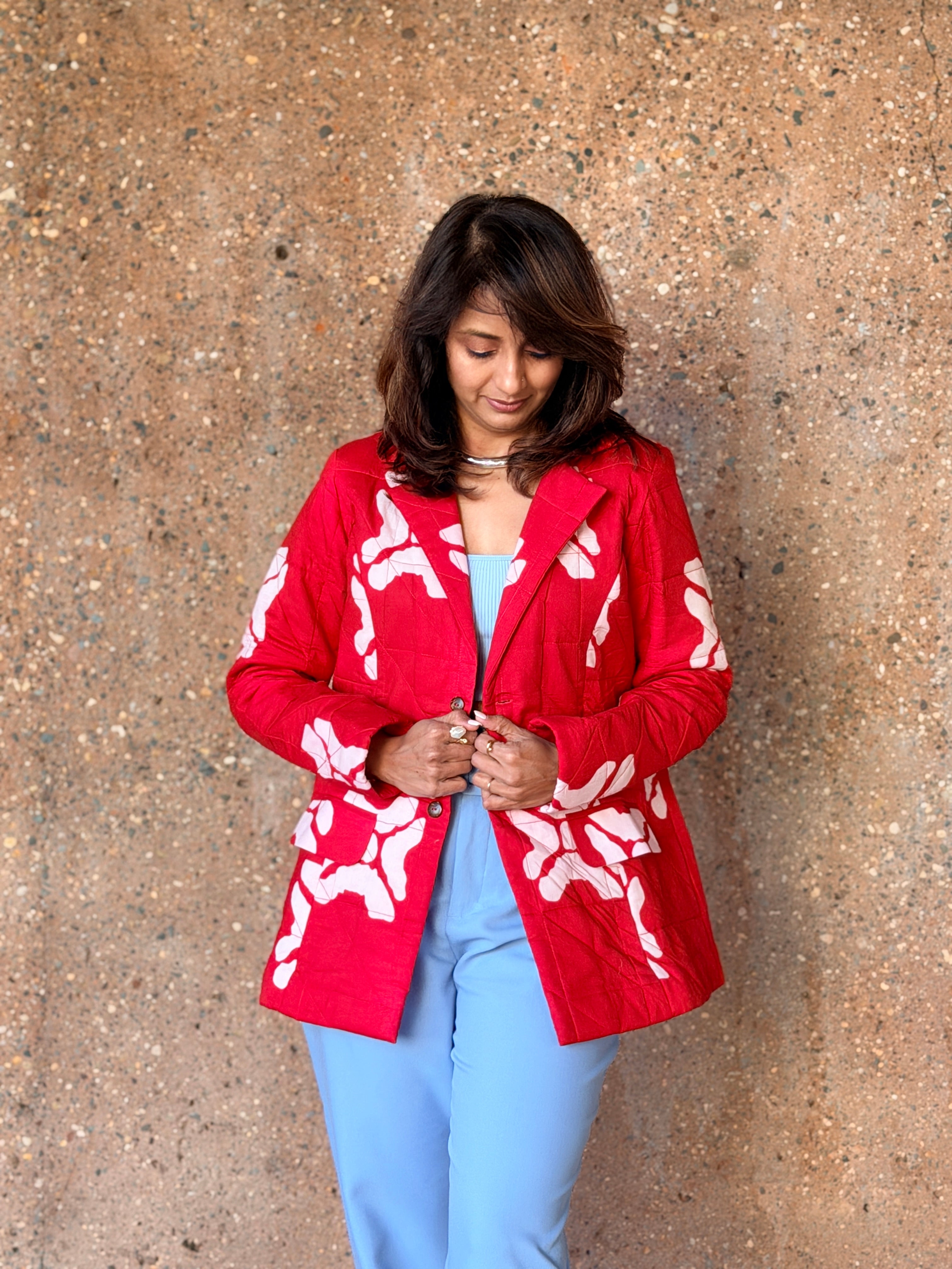 Ruby Red Cotton Hand Crafted Hand Quilted Blazer Jacket