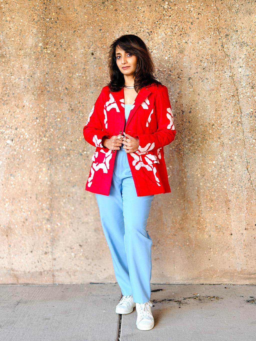 Ruby Red Cotton Hand Crafted Hand Quilted Blazer Jacket