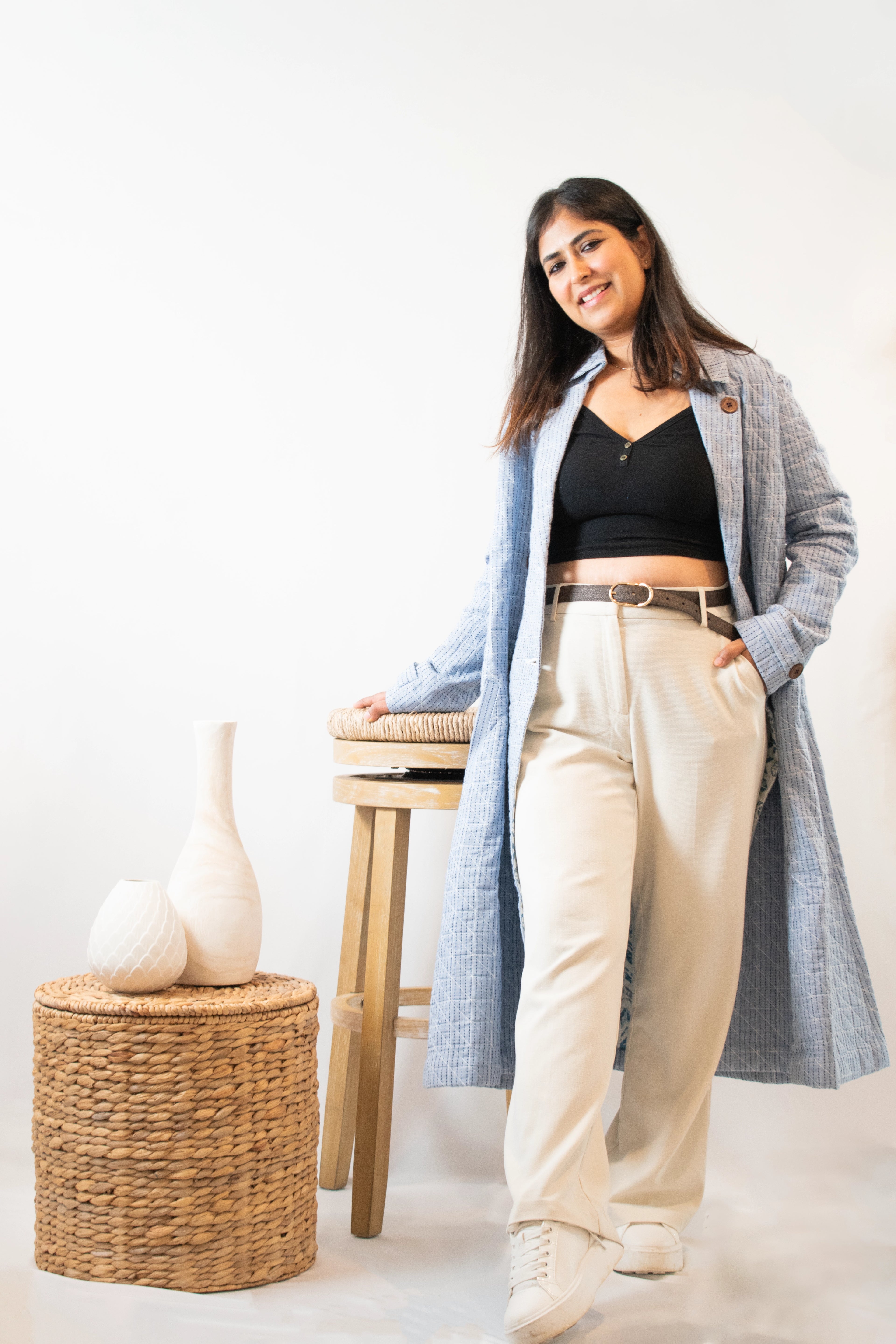 Light blue quilted long coat