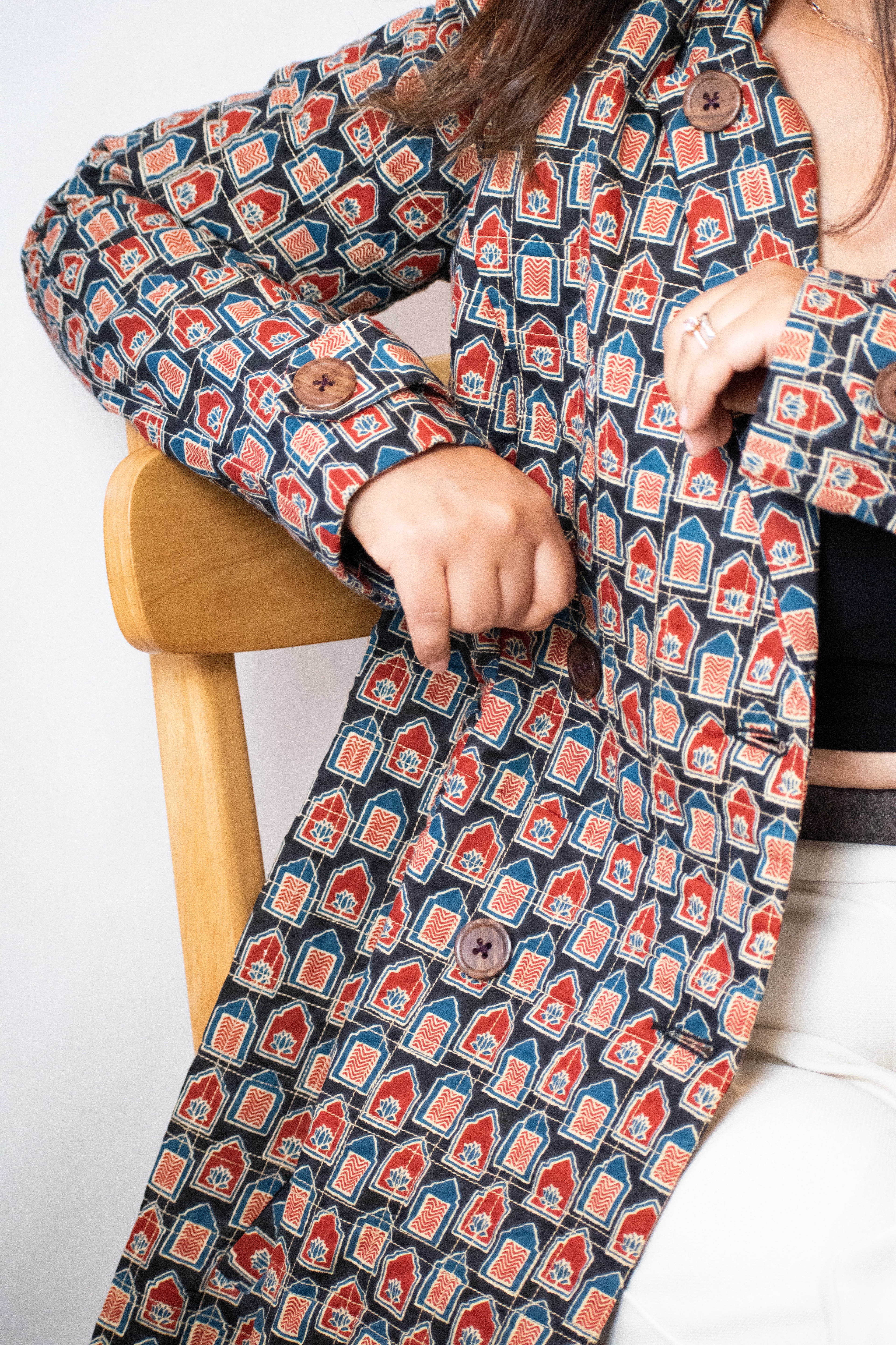 Multicolor_printed_long_quilted_coat_closup side