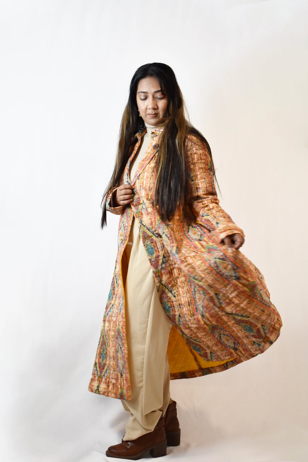 Multicolor quilted long  jacket  with lining