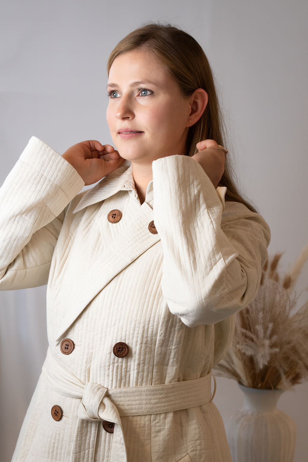 White Quilted long jacket with belt