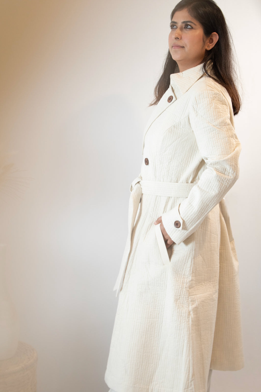 White long quilted jacket side 