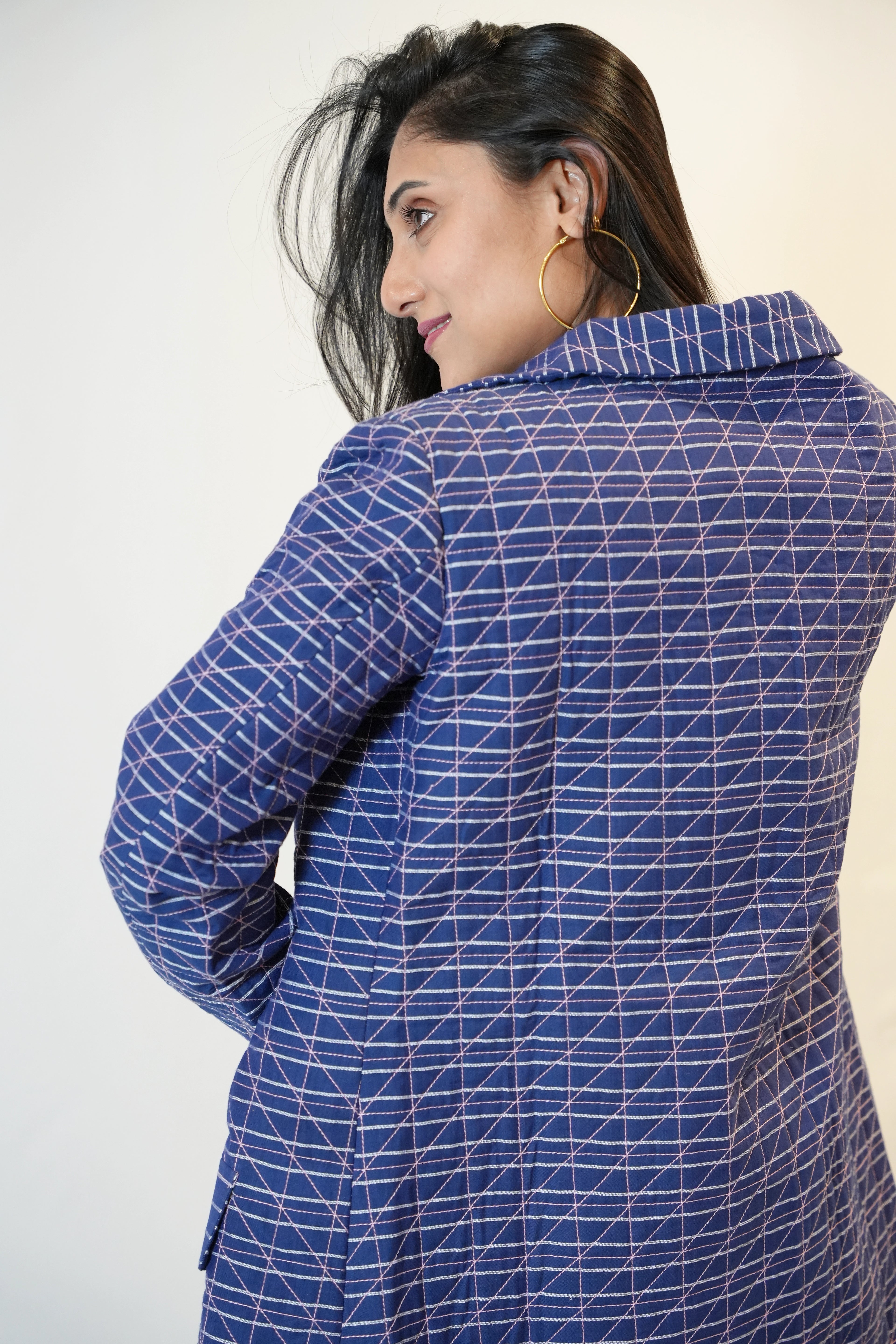 Handmade Blue Cotton Quilted Short Jacket with Pink Geometric Stitch and Batik Print Lining