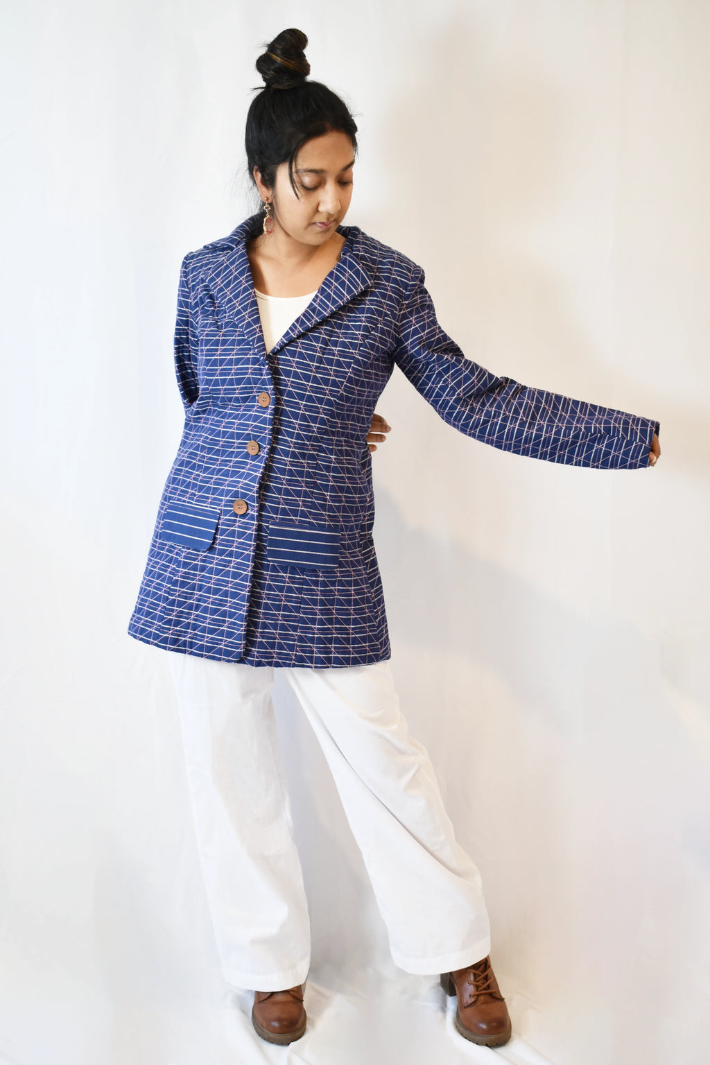 Handmade Blue Cotton Quilted Short Jacket with Pink Geometric Stitch and Batik Print Lining
