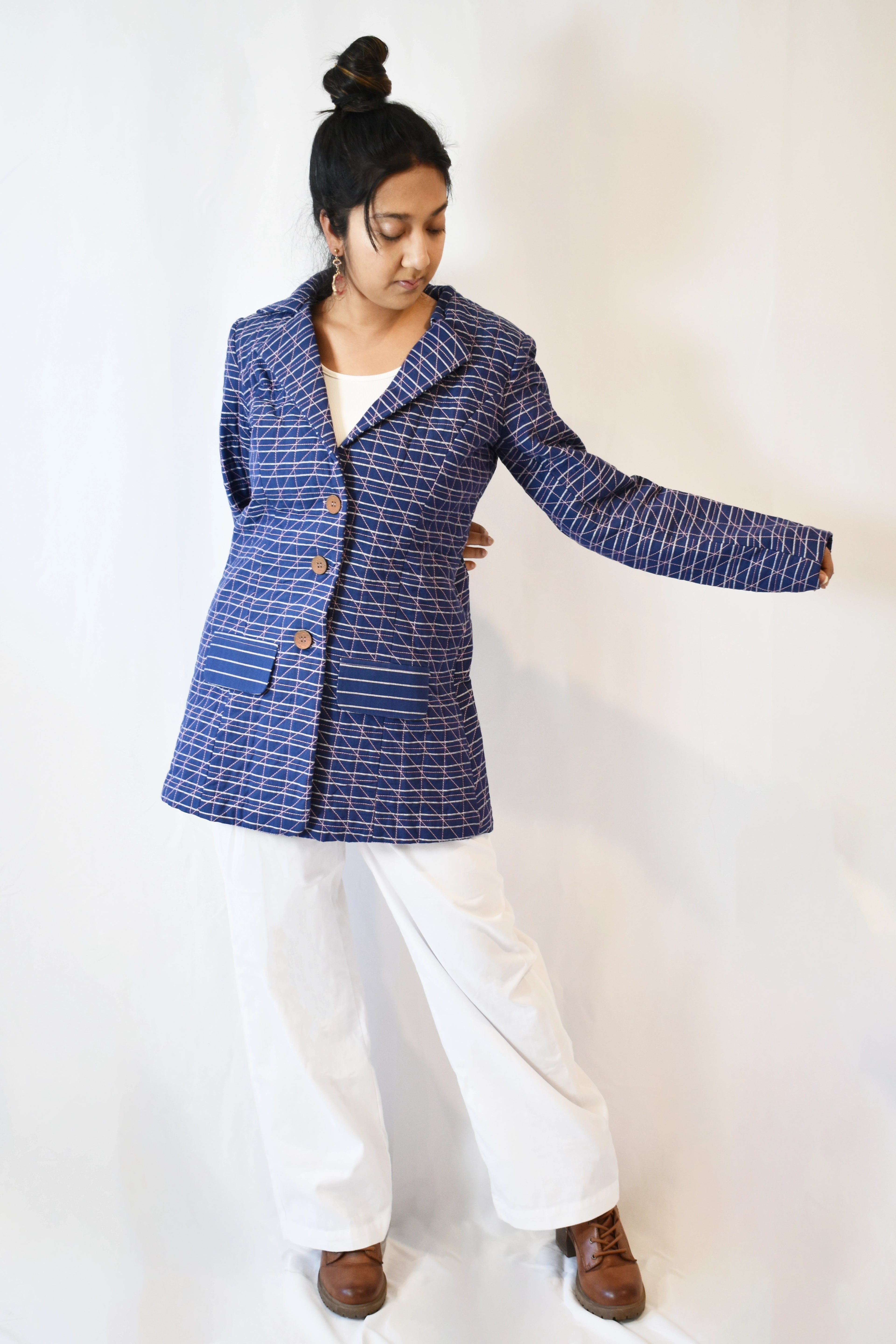 Handmade Blue Cotton Quilted Short Jacket with Pink Geometric Stitch and Batik Print Lining