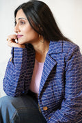 Handmade Blue Cotton Quilted Short Jacket with Pink Geometric Stitch and Batik Print Lining