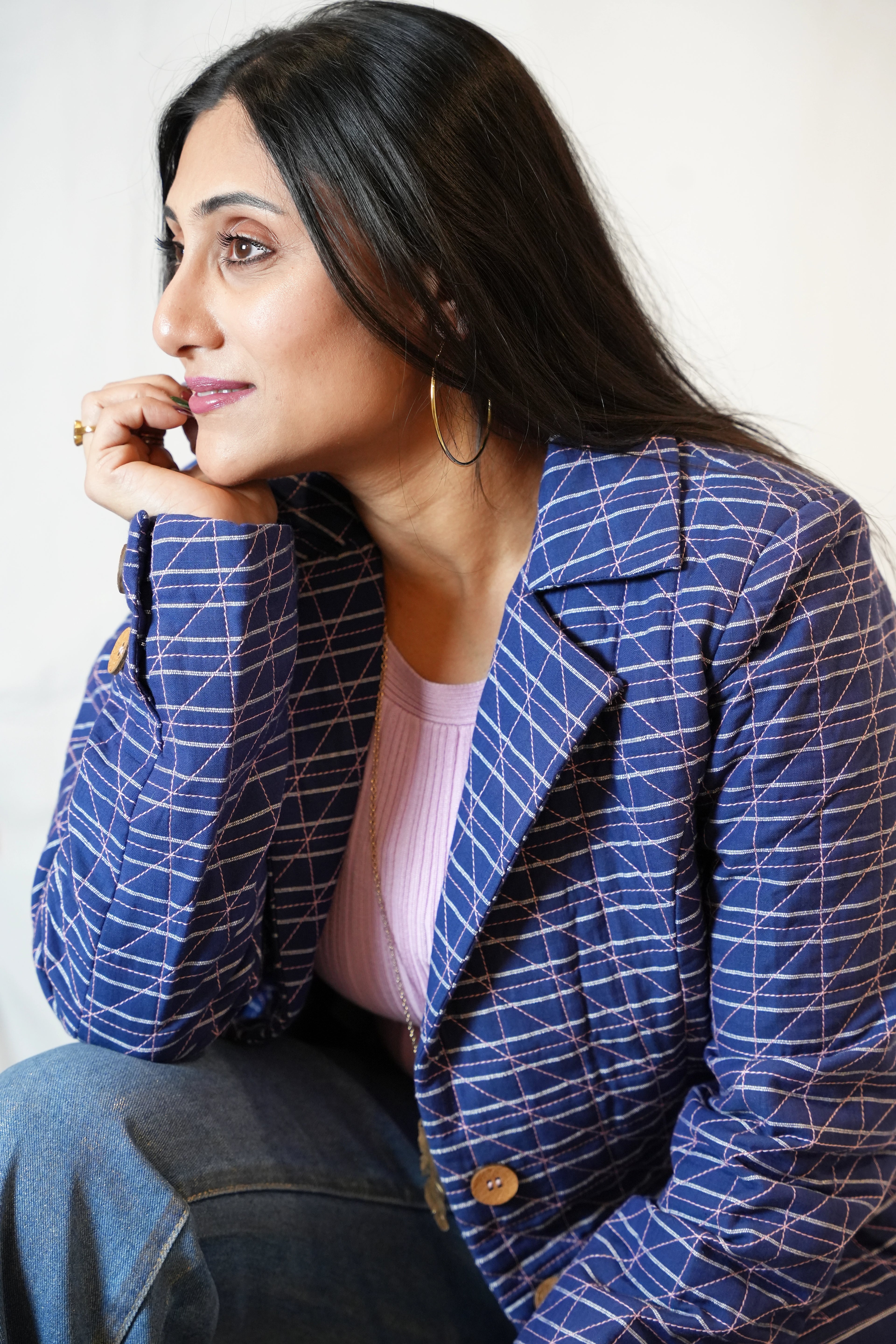 Handmade Blue Cotton Quilted Short Jacket with Pink Geometric Stitch and Batik Print Lining