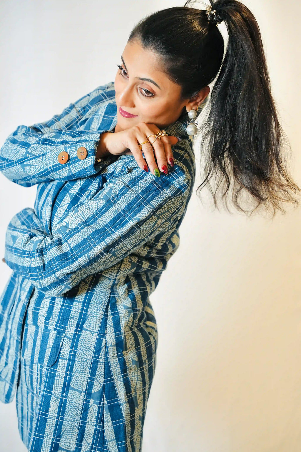 Indigo Printed Cotton Quilted Jacket with Traditional Printed Lining
