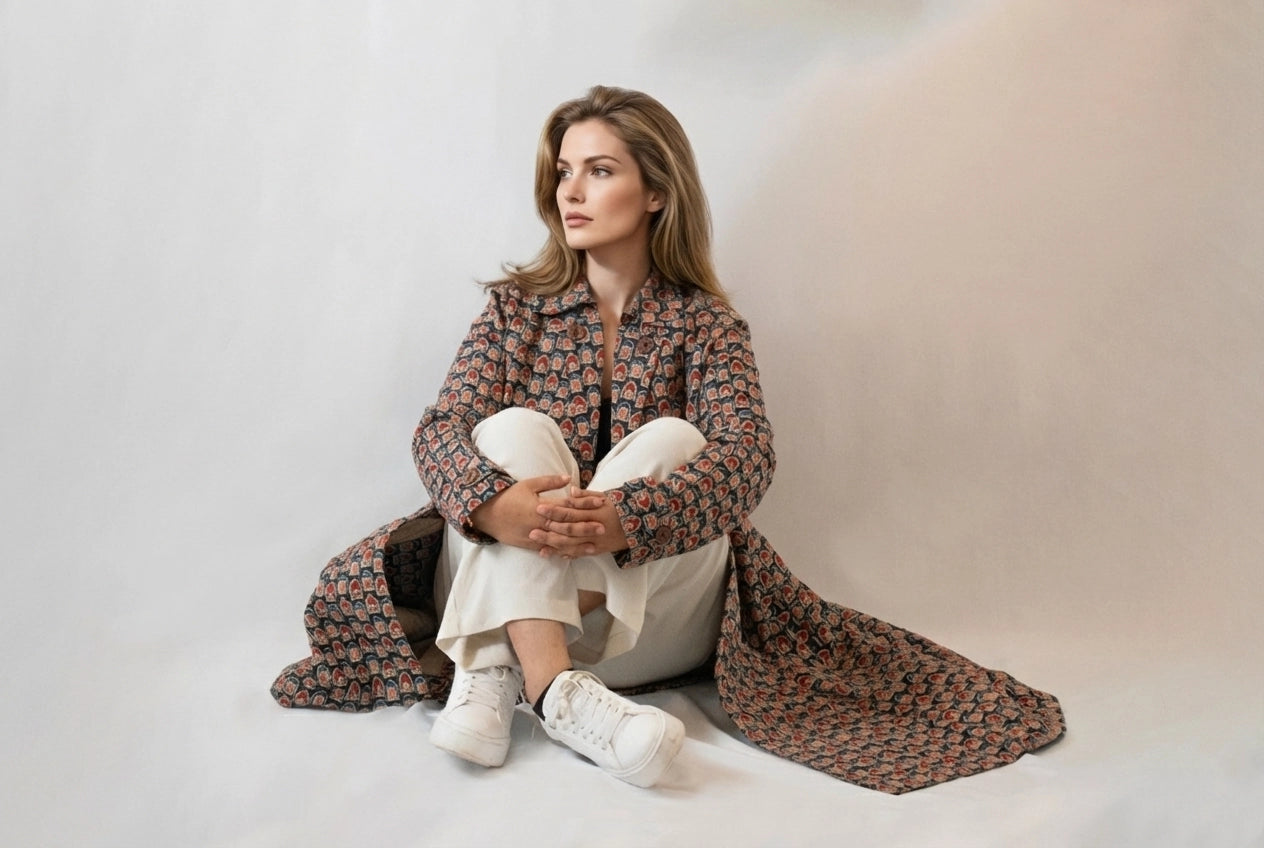 Earthy Multicolor Cotton Quilted Long Coat for Women