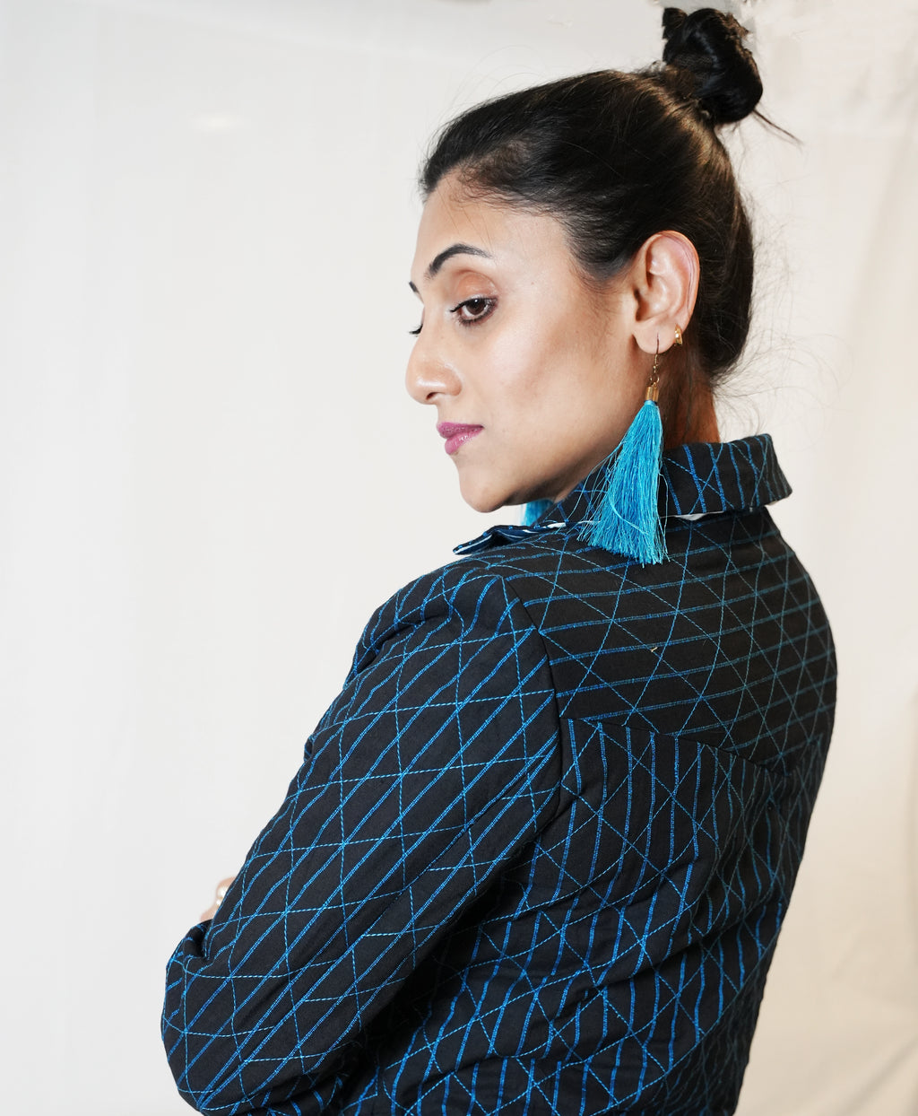 Handmade Black and Turquoise Cotton Quilted Jacket with Geometric Stitching