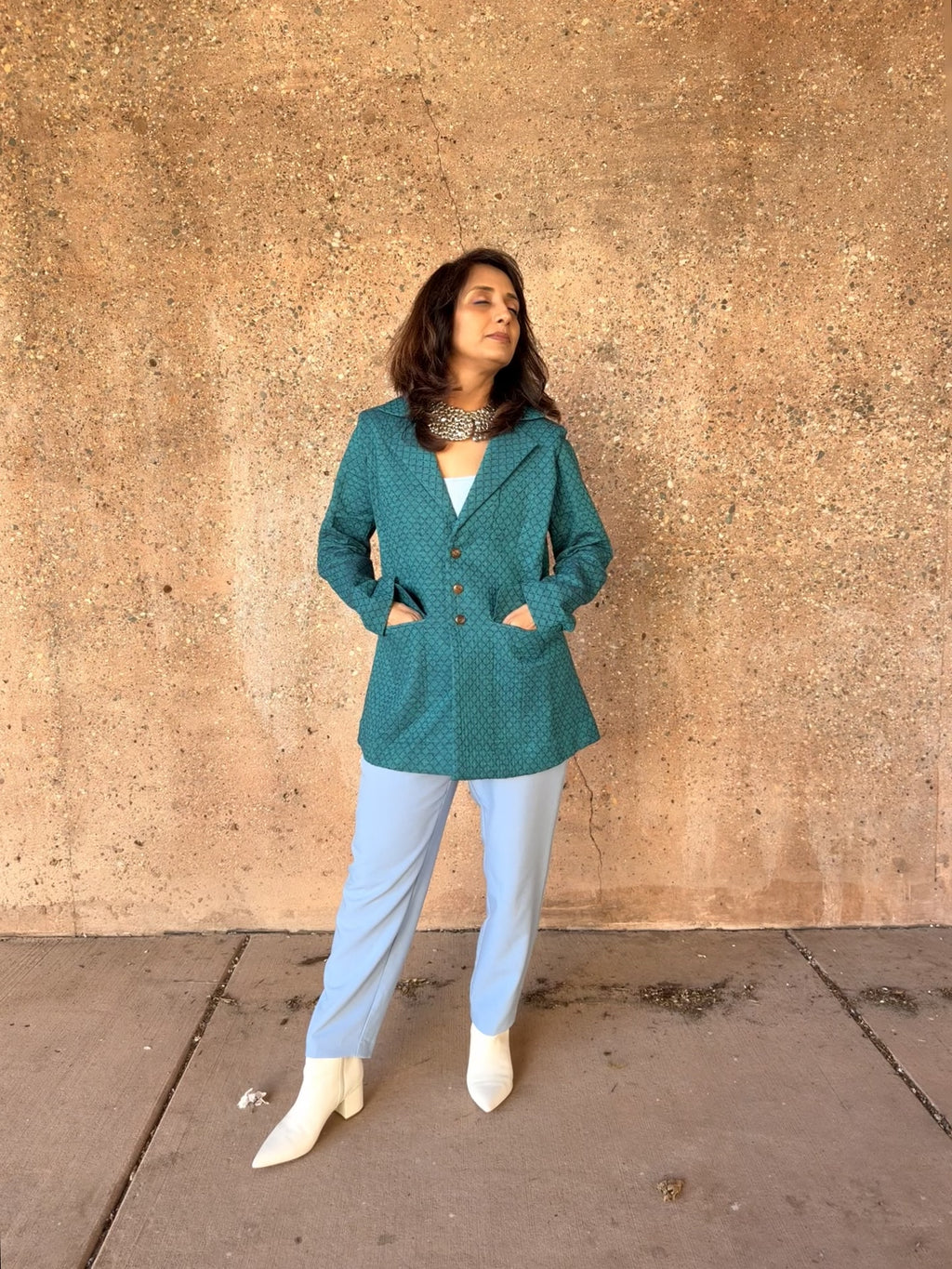 Teal Handwoven Cotton Quilted Blazer Jacket